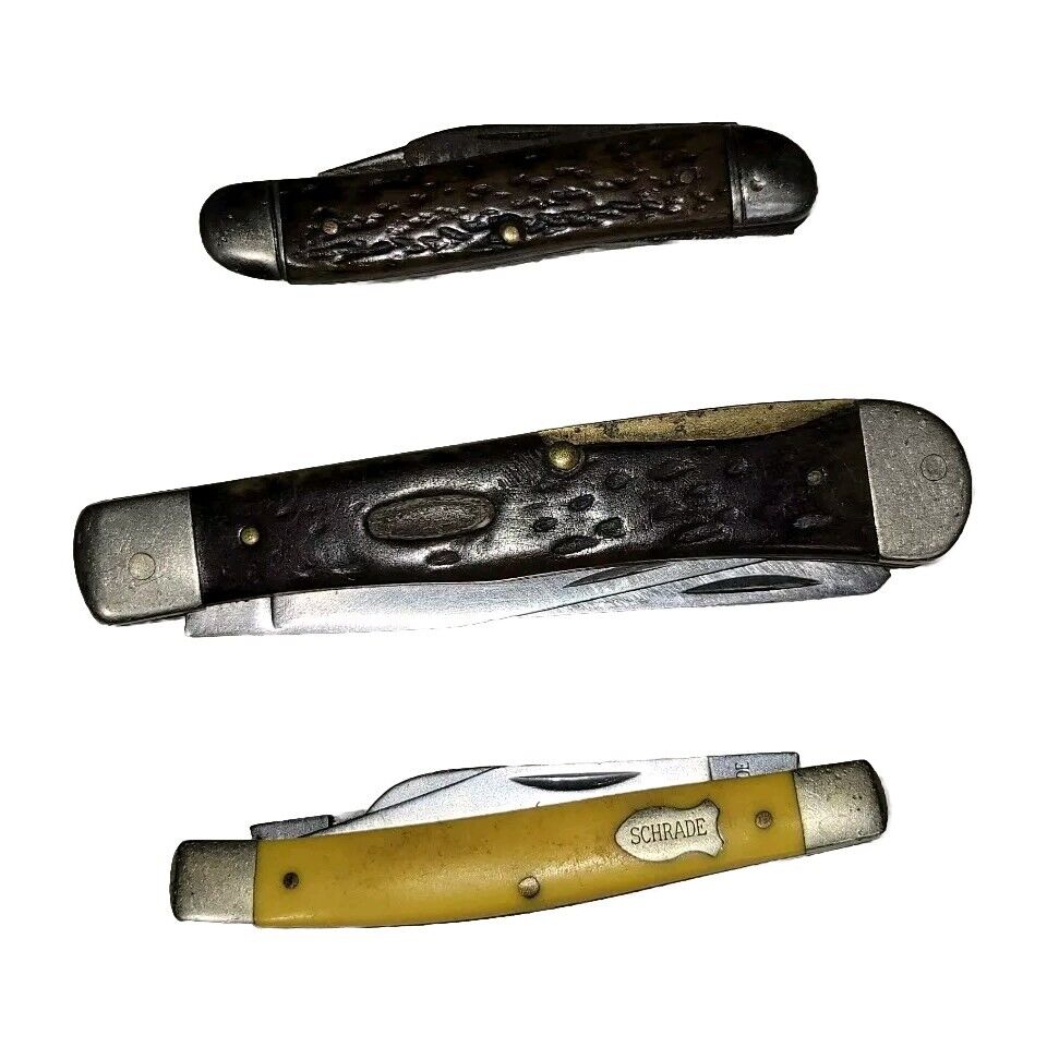 Vtg Folding Knives Pocket Knife Wooden Hiking Camping Retro Schrade WW2 Protect