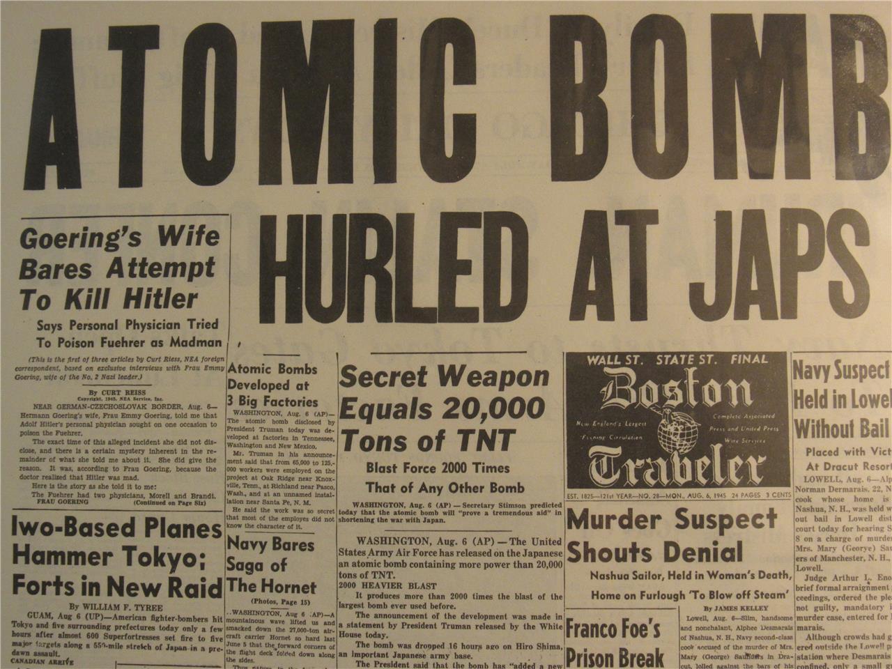 VINTAGE NEWSPAPER HEADLINES ~WORLD WAR 2 ATOMIC BOMB DROPPED ON JAPAN WWII  1945