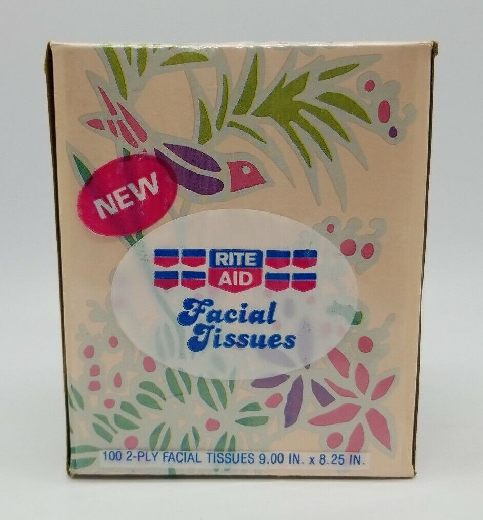 Vintage Rite Aid Brand Facial Tissues 100 2 Ply Box New Old Stock 1980\'s Floral