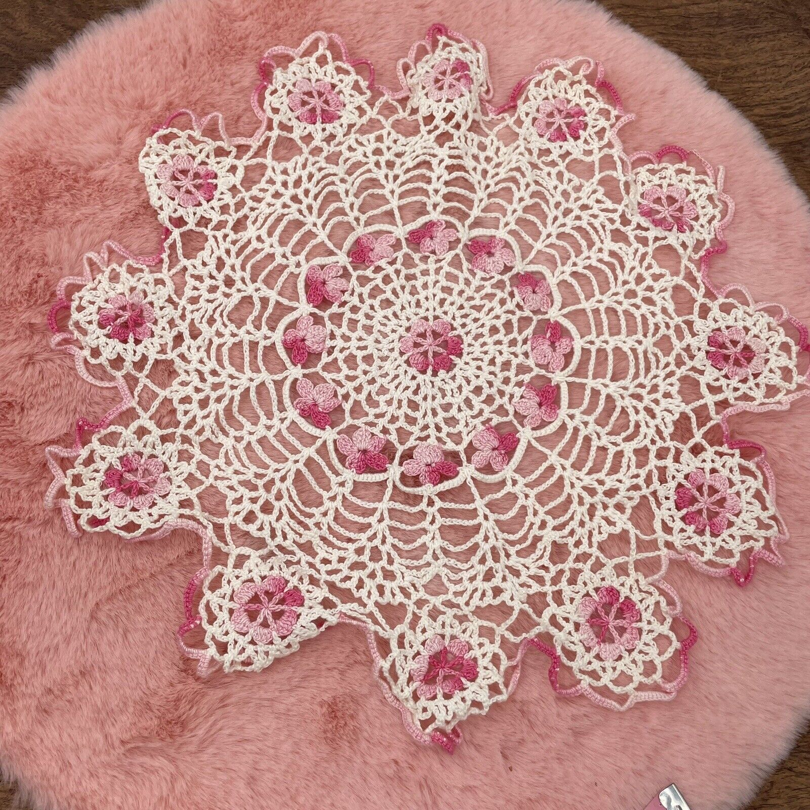 Doiles Vintage 3 Hand Crocheted Medium Star Rounds Pink White