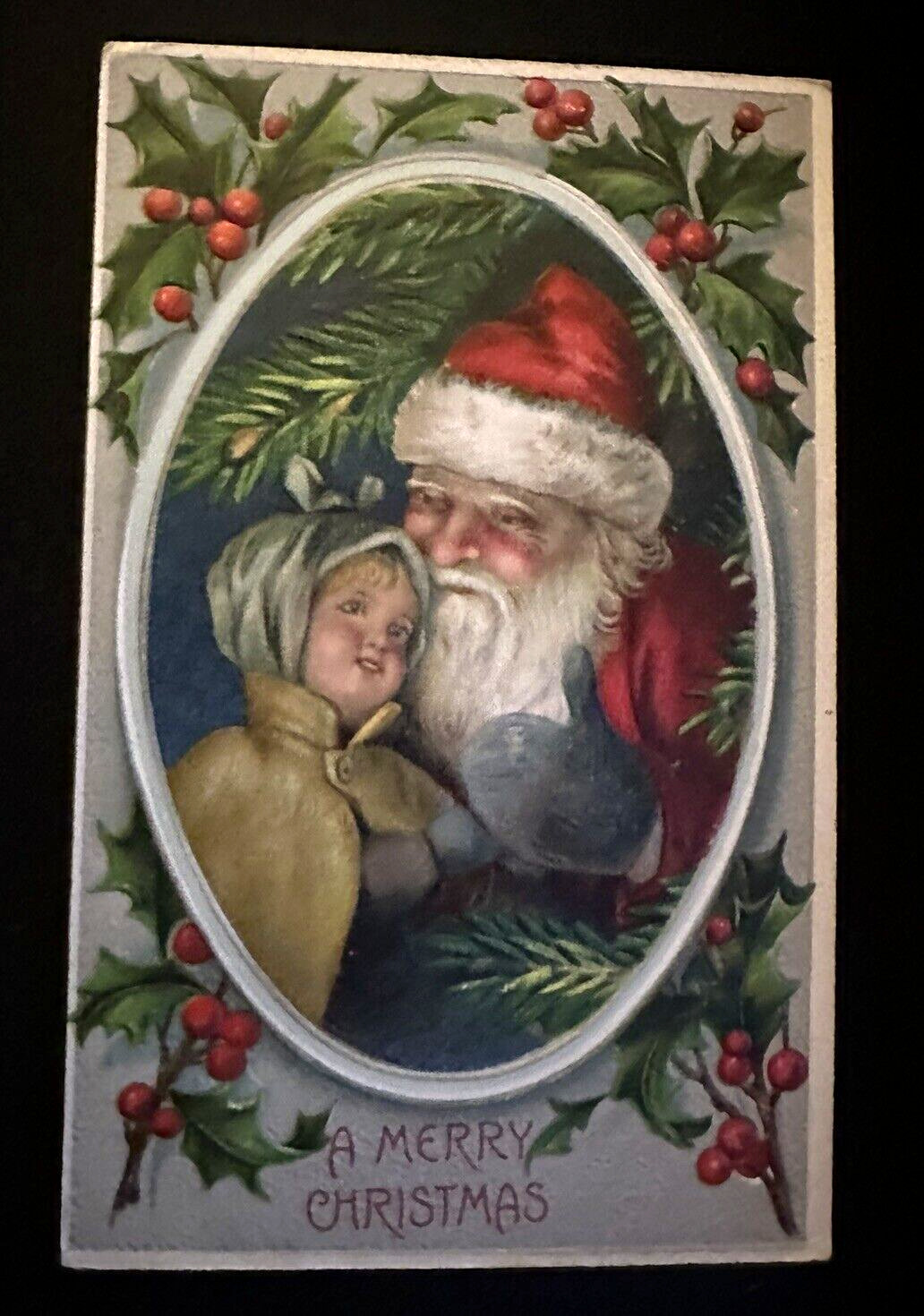 Santa Claus with Child~Holly~Pine Branches~ Antique Christmas Postcard~k462
