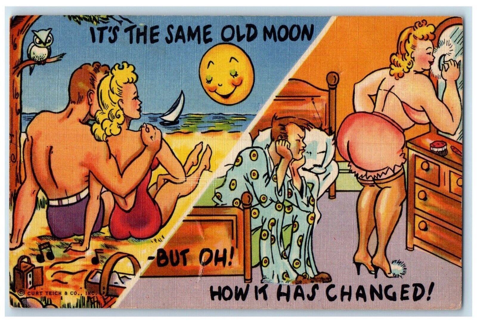 c1930's Couple Romance It's The Same Old Moon How It Has Changed Postcard