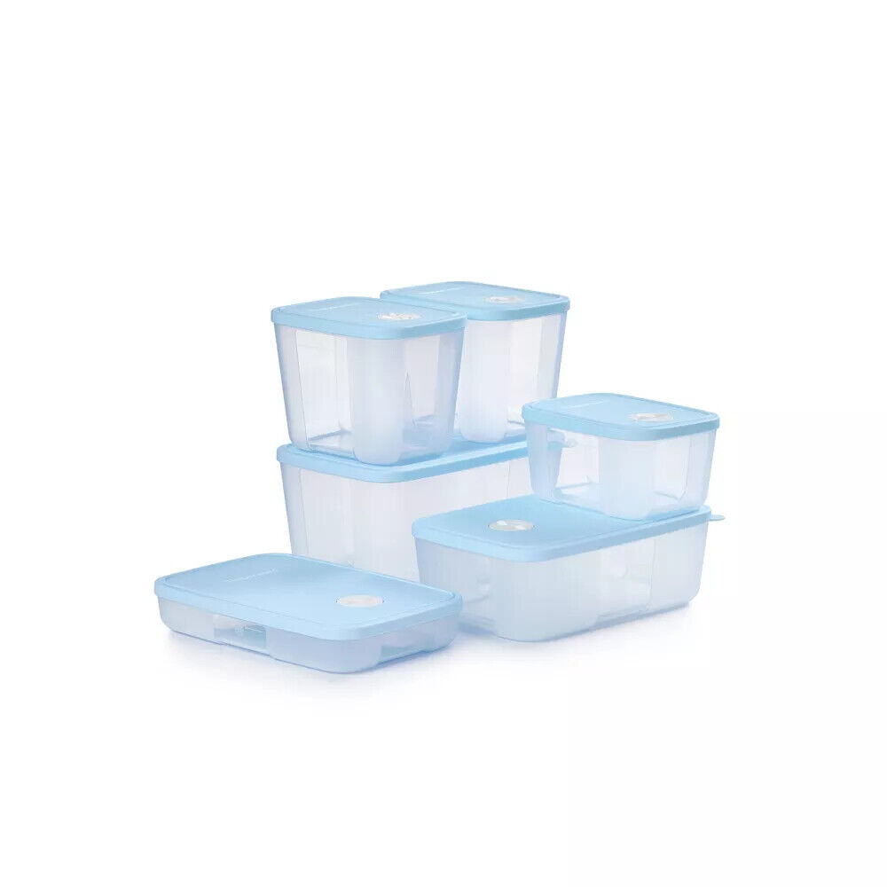 Tupperware 12pc Food Storage Date Store and Freeze Set Light Blue