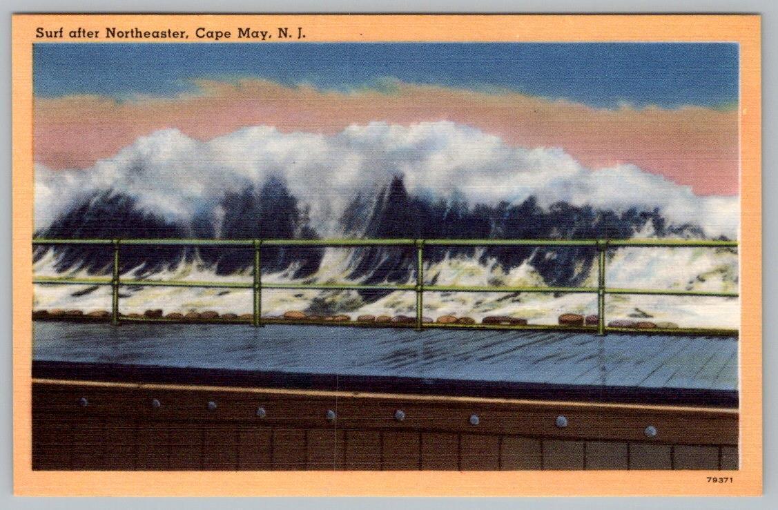 SURF AFTER NORTHEASTER CAPE MAY NEW JERSEY RICKER\'S VINTAGE LINEN POSTCARD