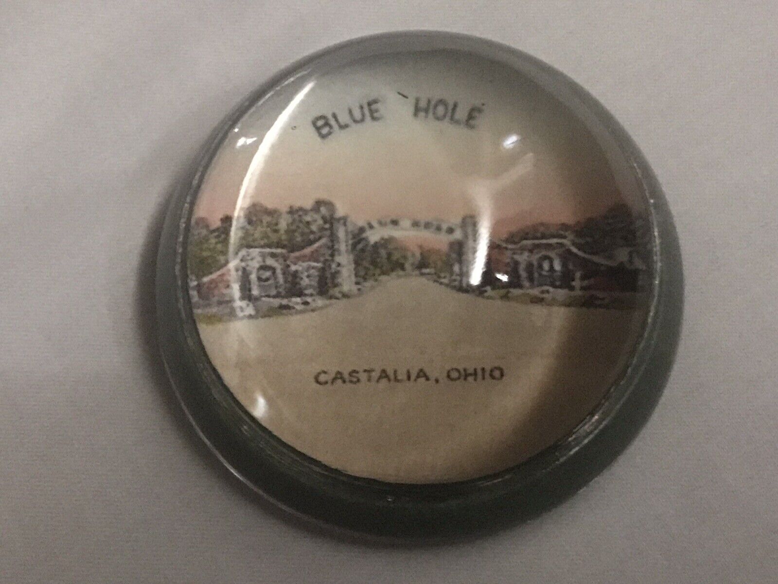 1940s Blue Hole Castalia Sandusky Ohio Souvenir Glass Paperweight Front Entrance
