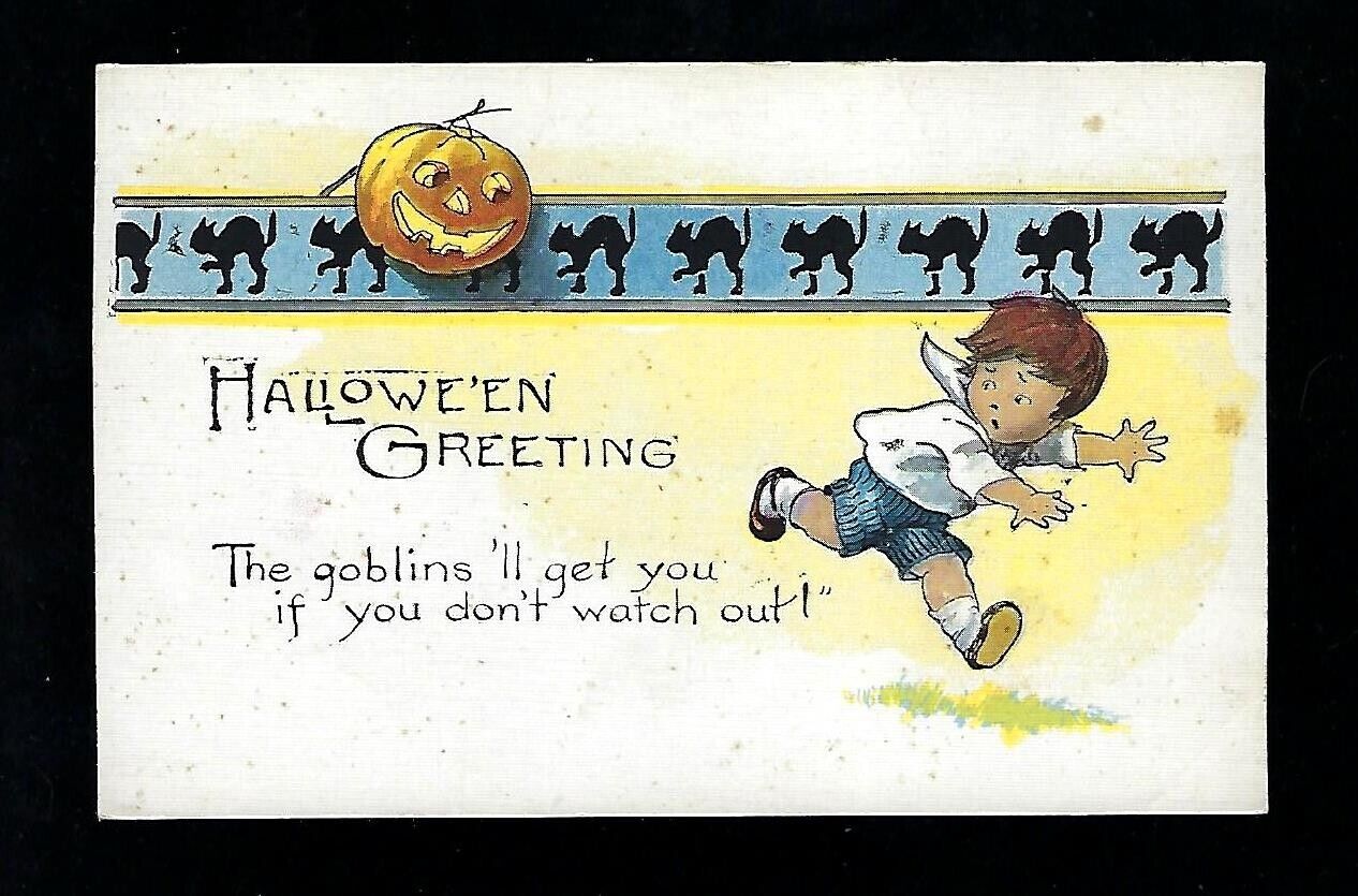 Early 1900's Miller Art Series 298 Halloween Postcard Boy Running Cats Pumpkin