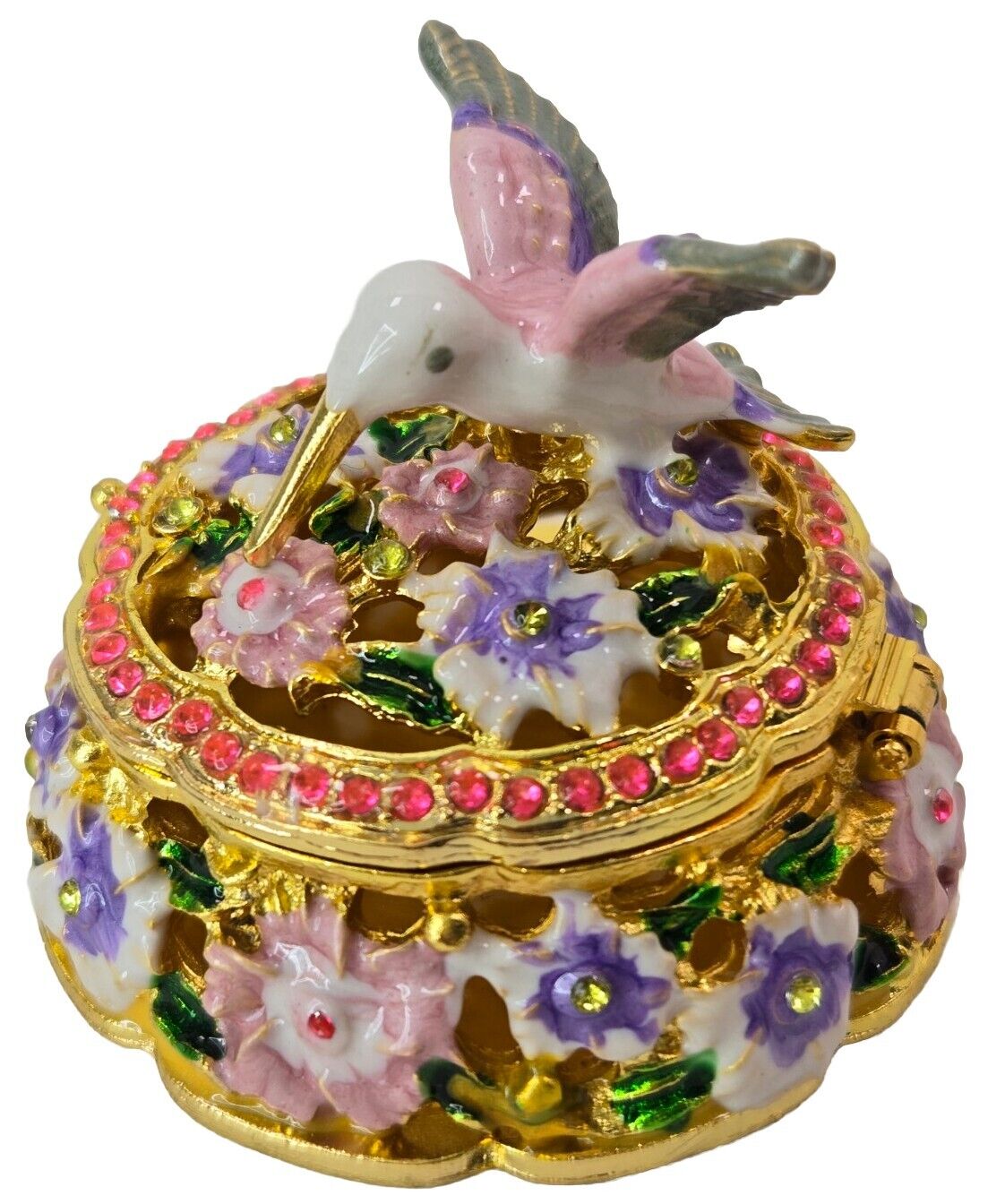 Humming Bird Floral Rhinestone Porcelain Jewelry Trinket Box Magnet p..
