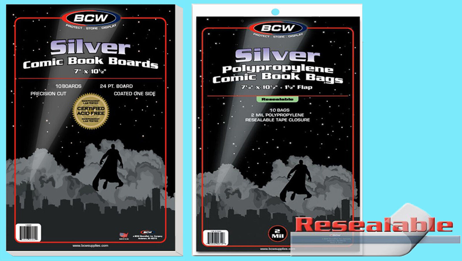10 BCW SILVER RESEALABLE COMIC BOOK BAGS with BACKING BOARDS Clear Plastic