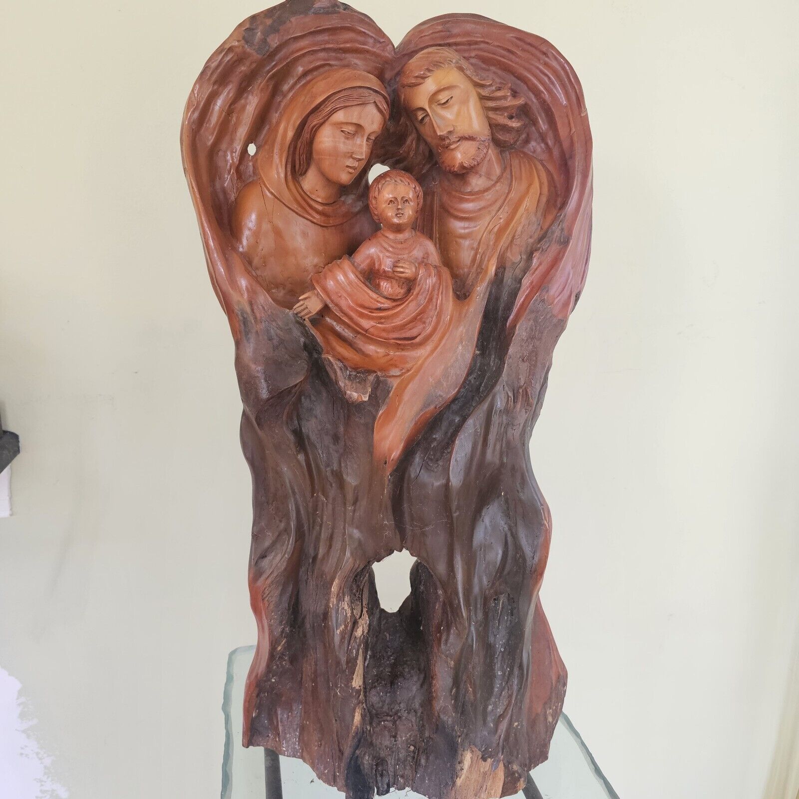 Large 27 Inch tall vintage religious wood hand carved Holy Family Baby Jesus 