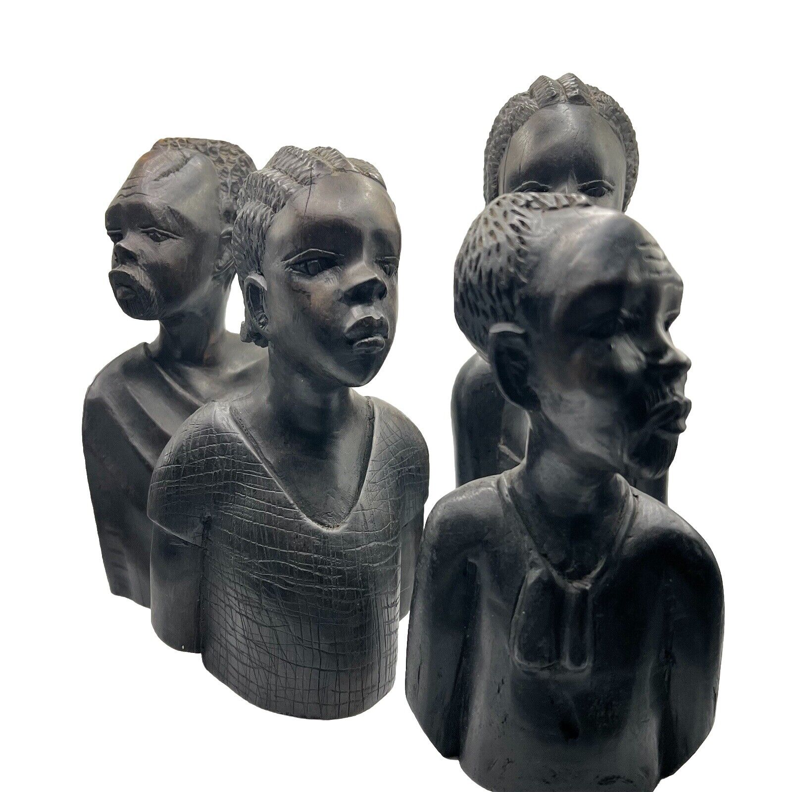 Vintage 4 African Tribal  Family Head  Bust Figurine Handcarved Ebony Iron Wood
