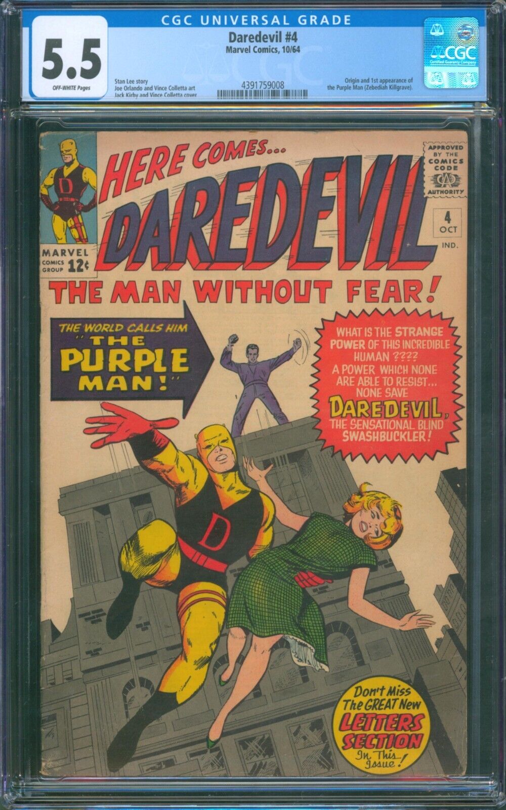 DAREDEVIL #4 🌟 CGC 5.5 🌟 1st App of Killgrave the Purple Man Marvel Comic 1964