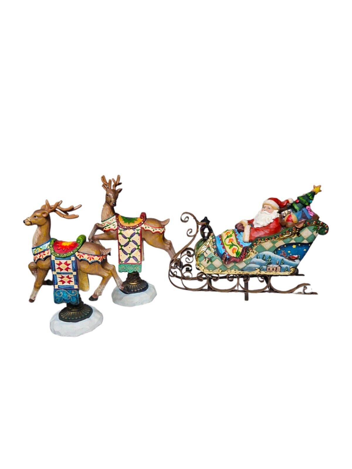 Kirklands Resin Santa Sleigh & 2 Reindeer Figurines~Holiday~Country Christmas