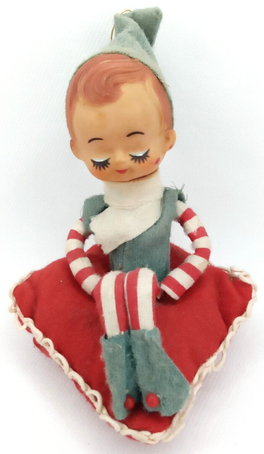 Christmas Ornament Knee Hugger Pixie Elf On A Pillow 1950s Japan Holiday Decor