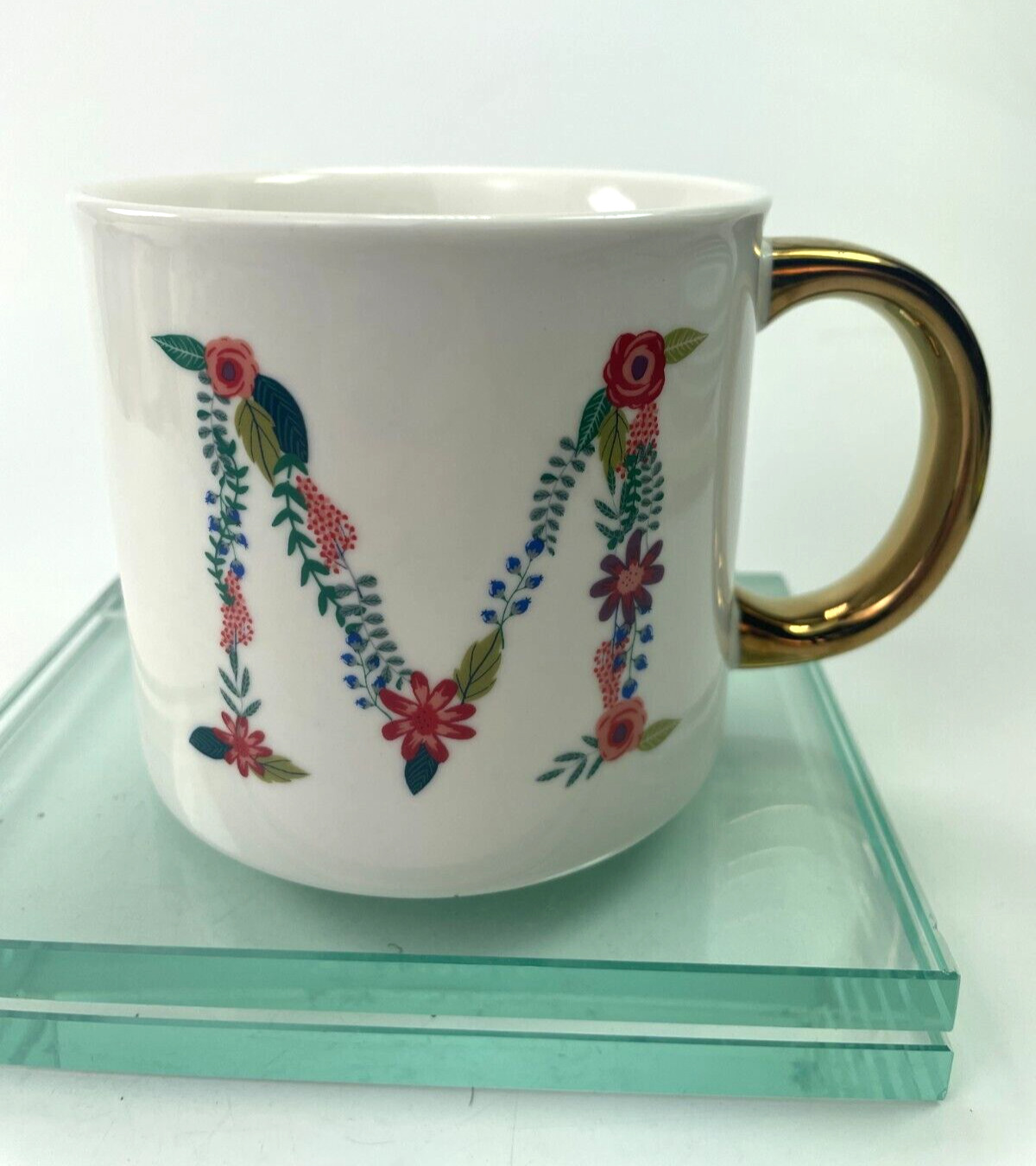 OpalHouse Monogram M Initial Coffee Mug Floral Letter Gold Handle 16oz Cup B7