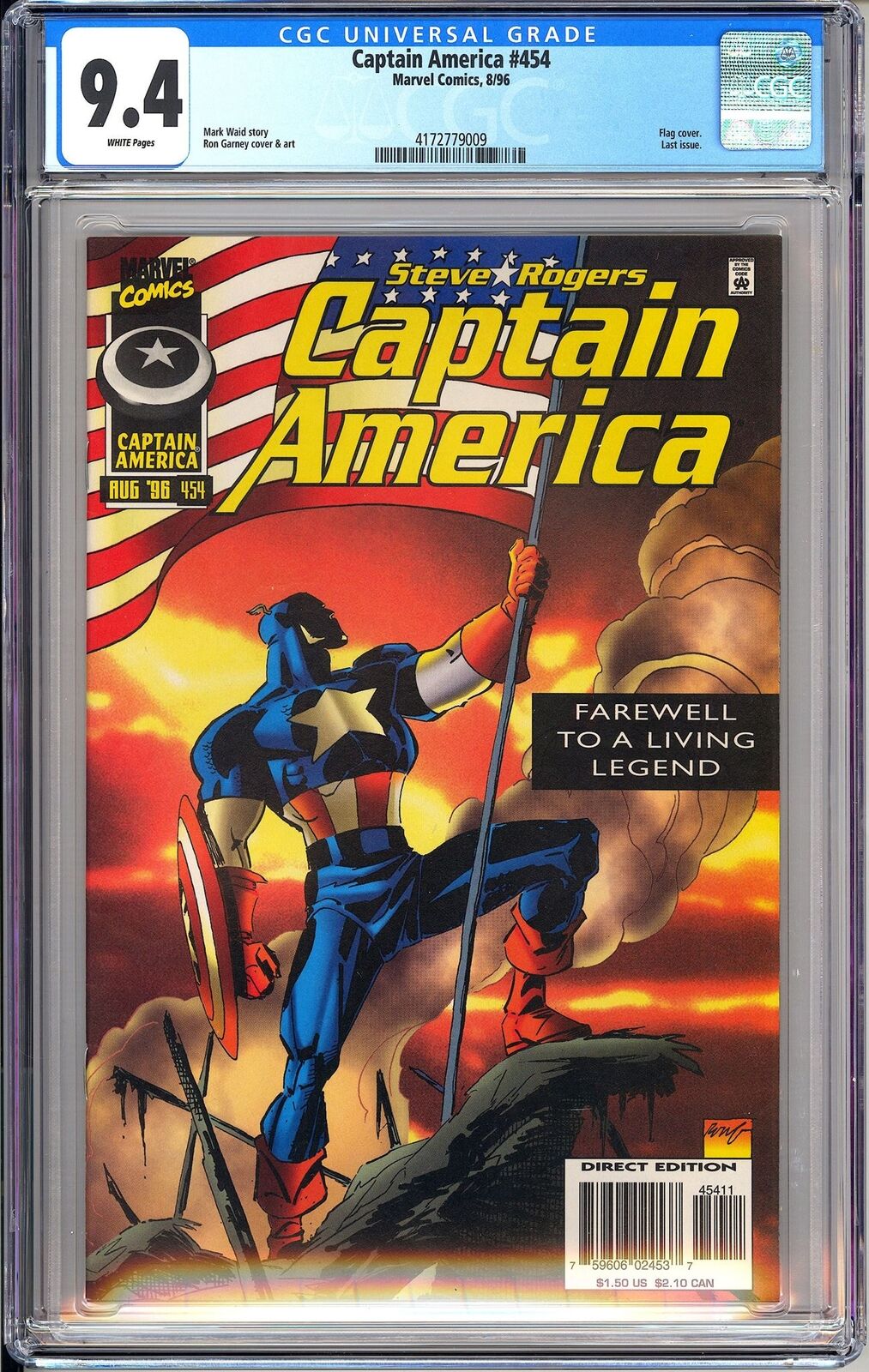 Captain America 454 CGC 9.4 1996 4172779009 Flag Cover Last Issue Key Scarce