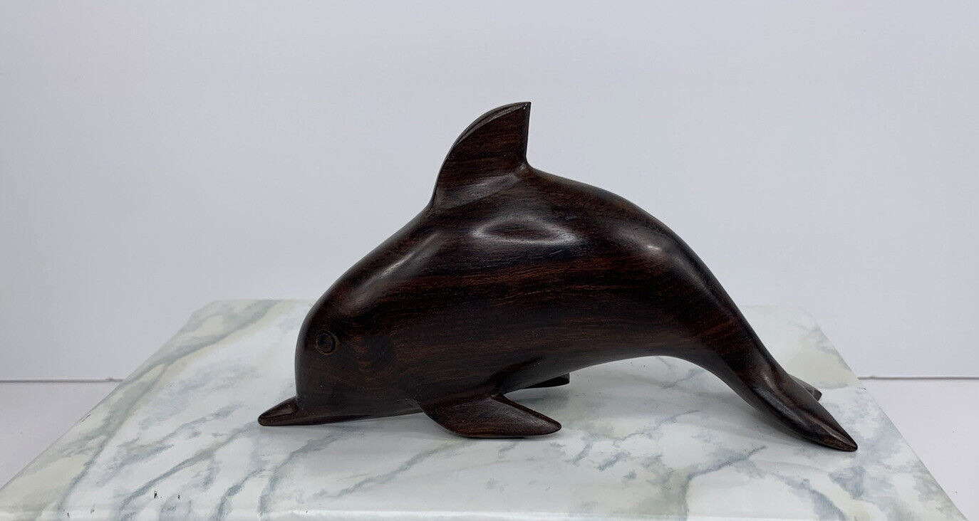 Wooden Carved Dolphin Statue Figurine Smooth Dark Wood Porpoise Wooden Art Decor