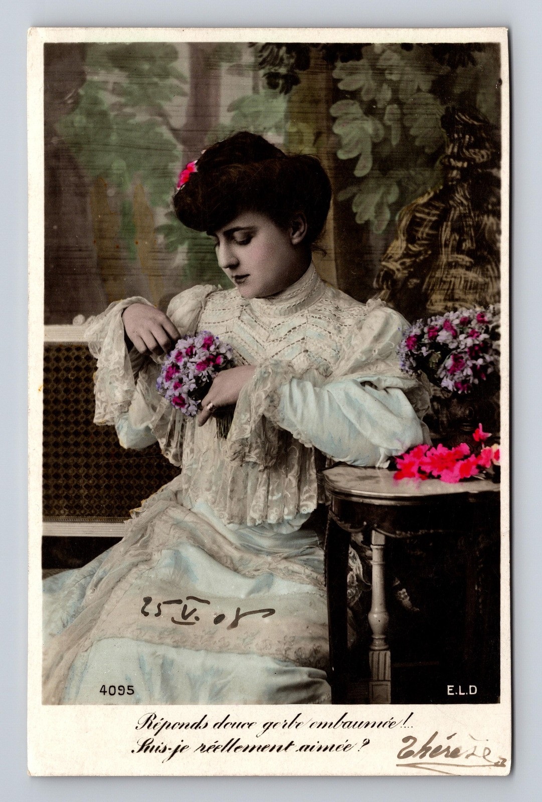 c1908 RPPC Postcard French Woman Love Me Not Hand Tinted Therese