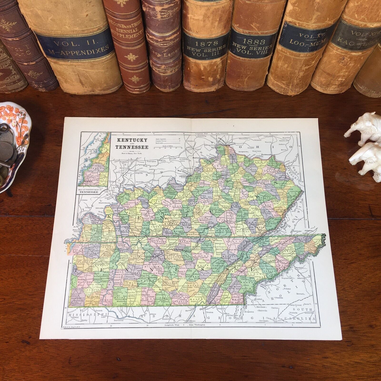 Original 1890 Antique Map KENTUCKY TENNESSEE Bowling Green Owensboro Chattanooga
