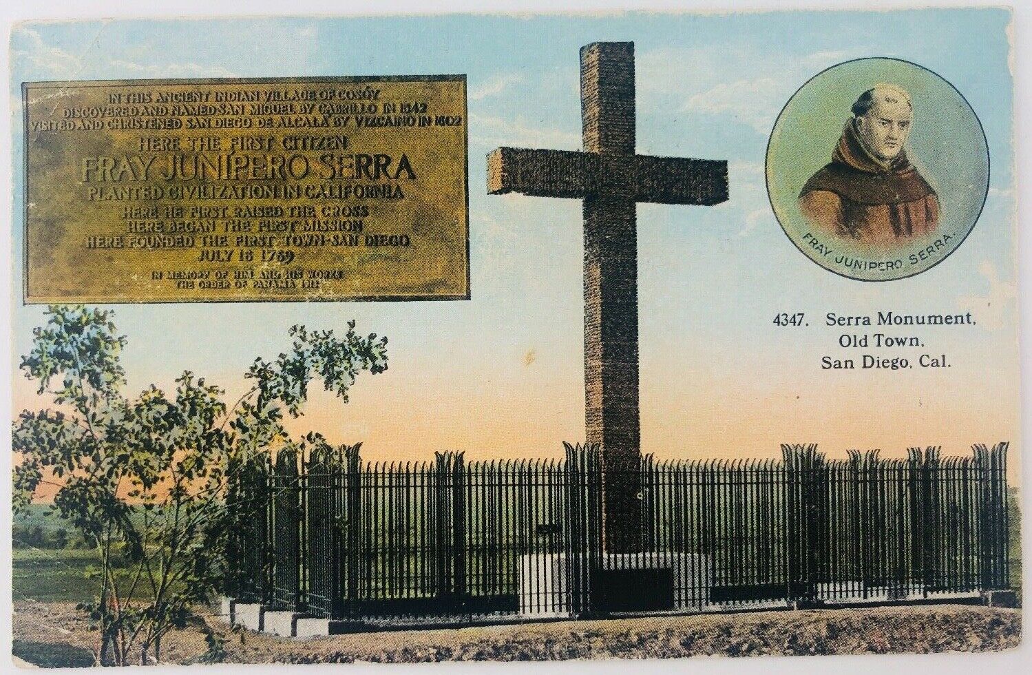 Vintage San Diego California CA Serra Monument Old Town Postcard 1924