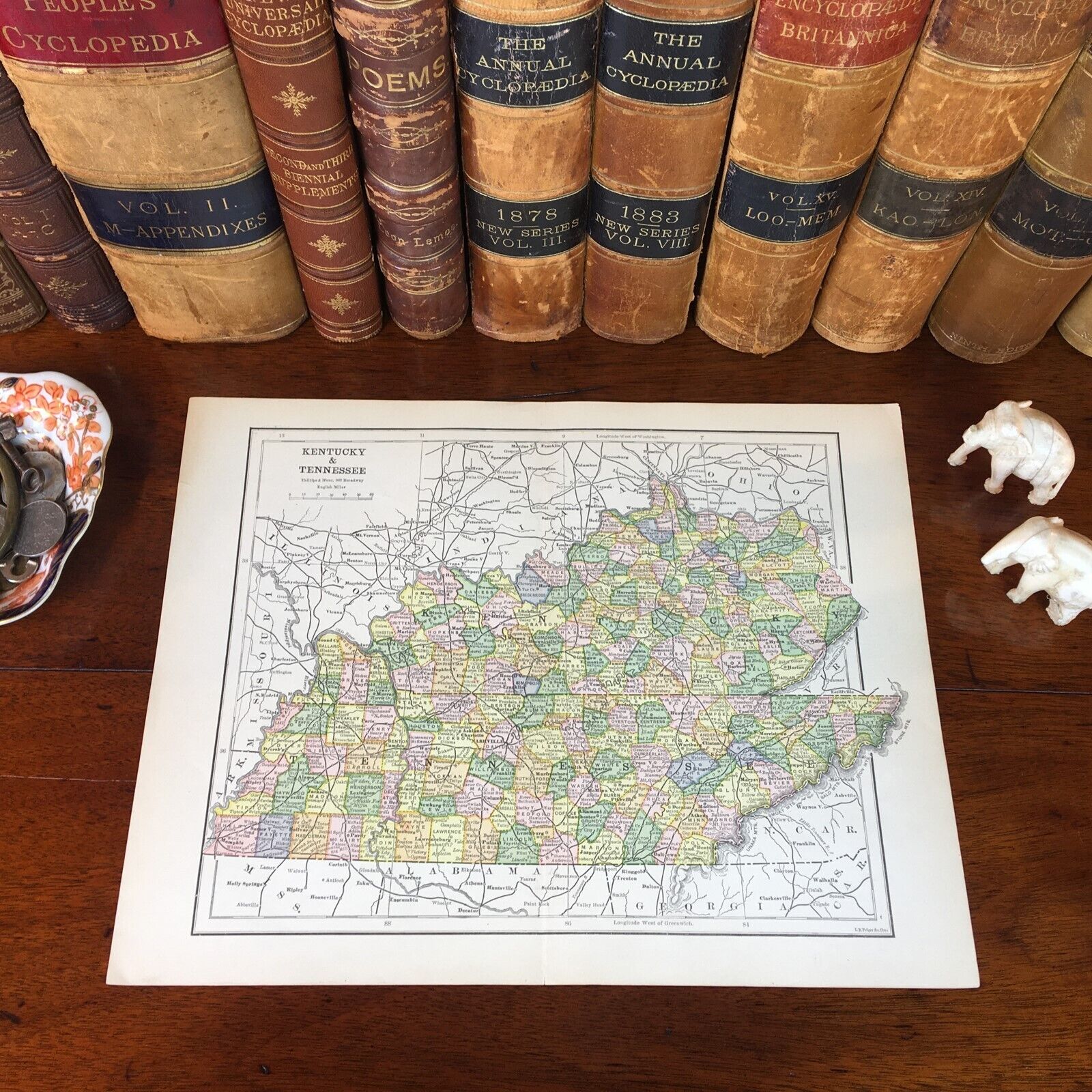Original 1885 Antique Map KENTUCKY TENNESSEE Lexington Nashville Knoxville Berea