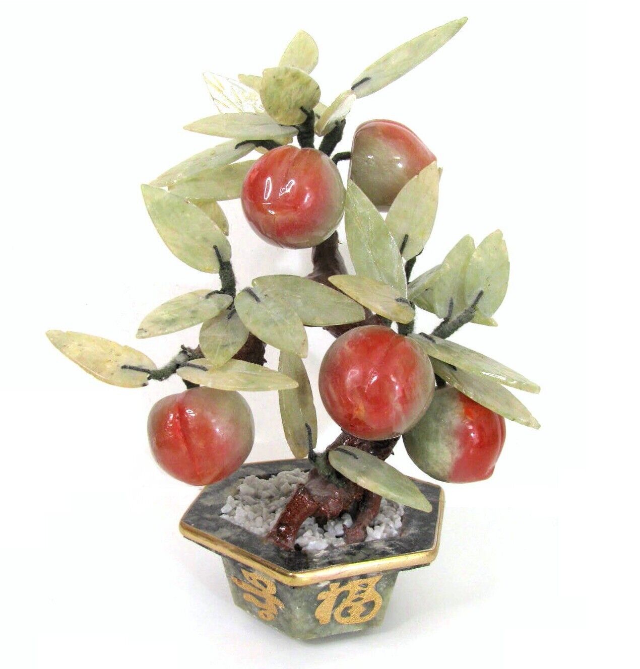 VTG Chinese Hand Carved Jade Stone Peach Bonsai Tree Longevity Figurine 8.5\