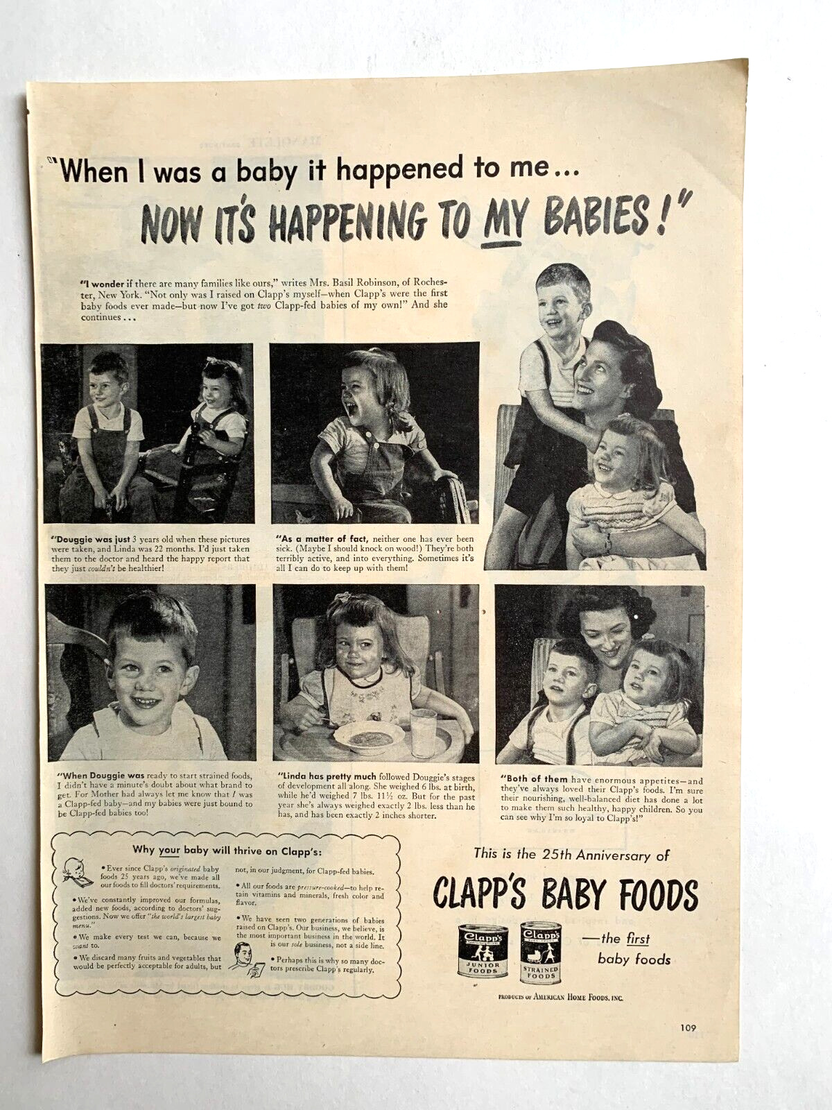 Print Ad Clapp\'s Baby Foods Vtg Life Mag 1946  Mrs Basil Robinson Rochester NY