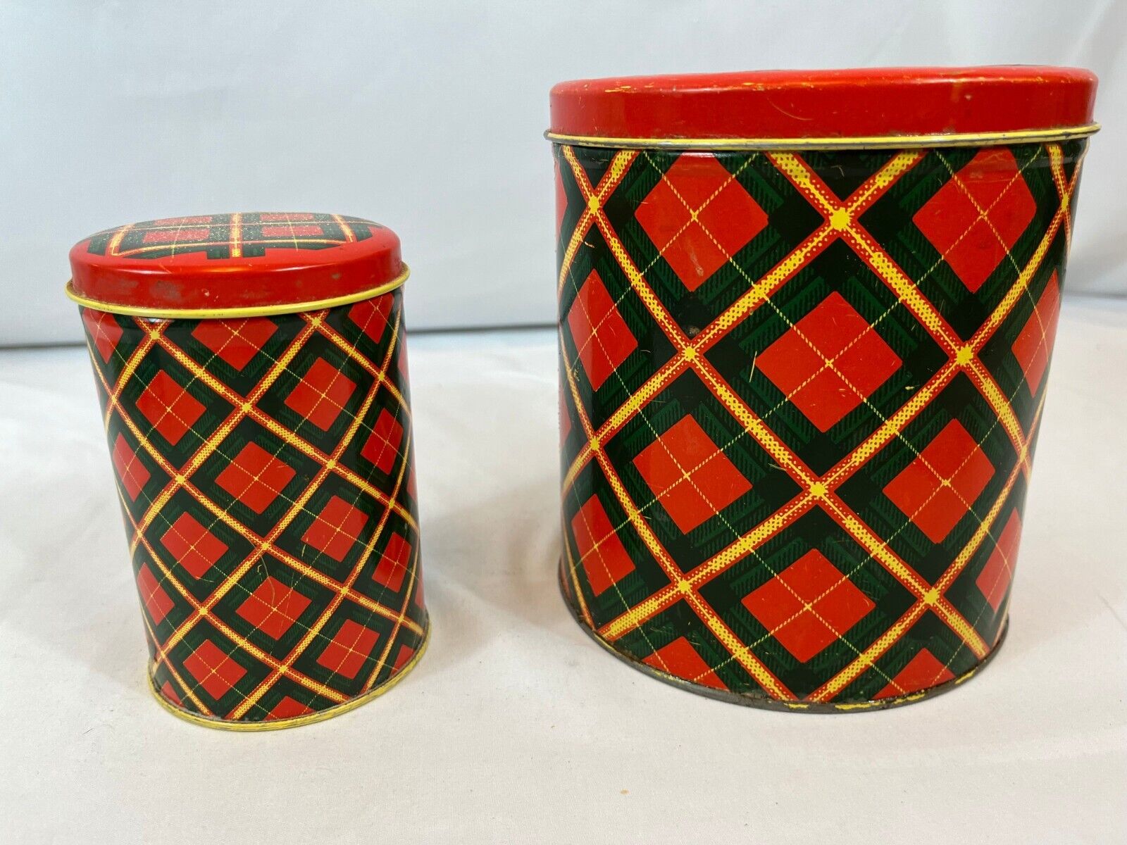 Vintage red plaid tin canisters, Parameco canister set, argyle plaid canisters