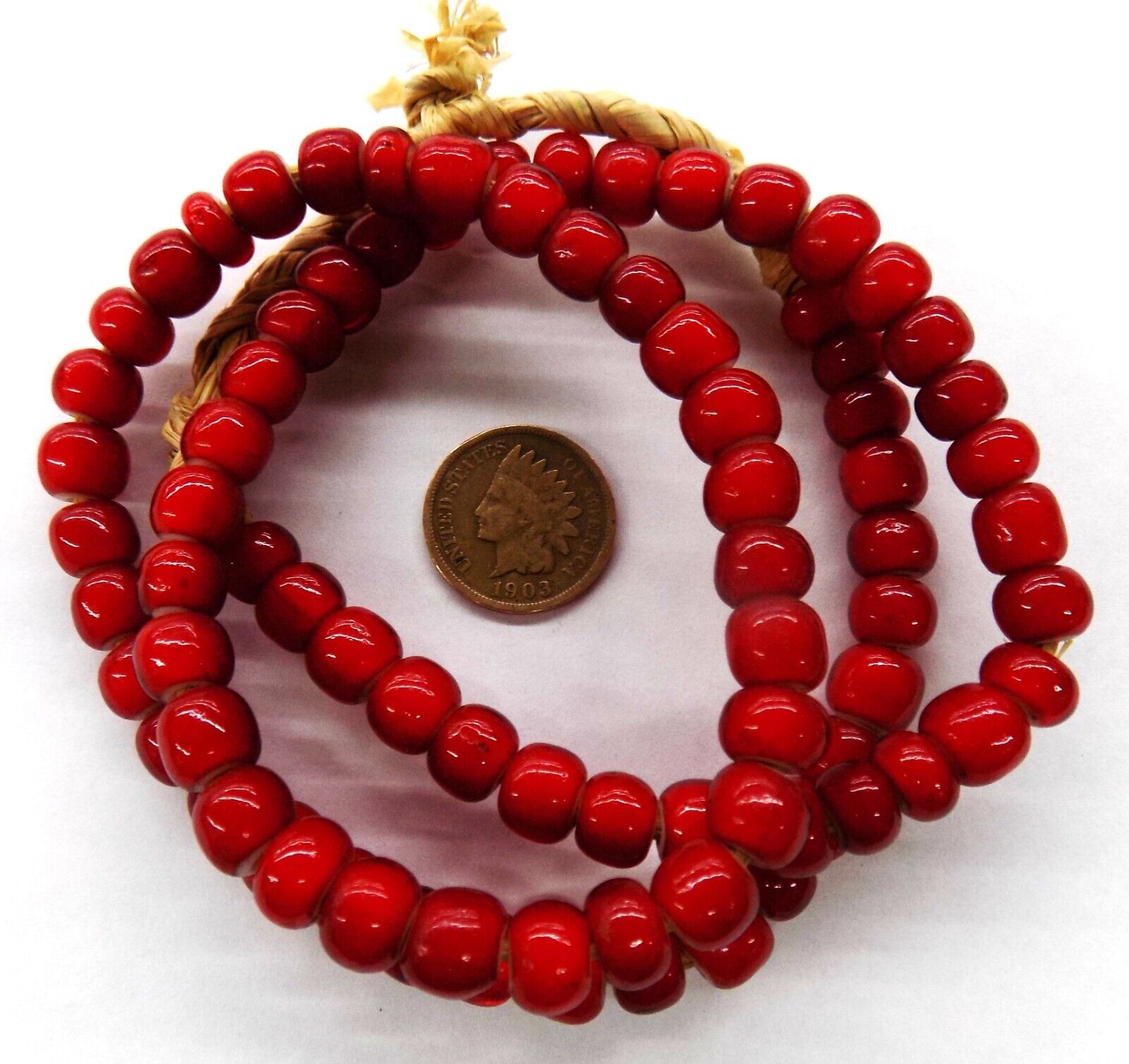 Old XL Dk Cherry Red White Heart African Trade Beads Hudson Bay  bin W1