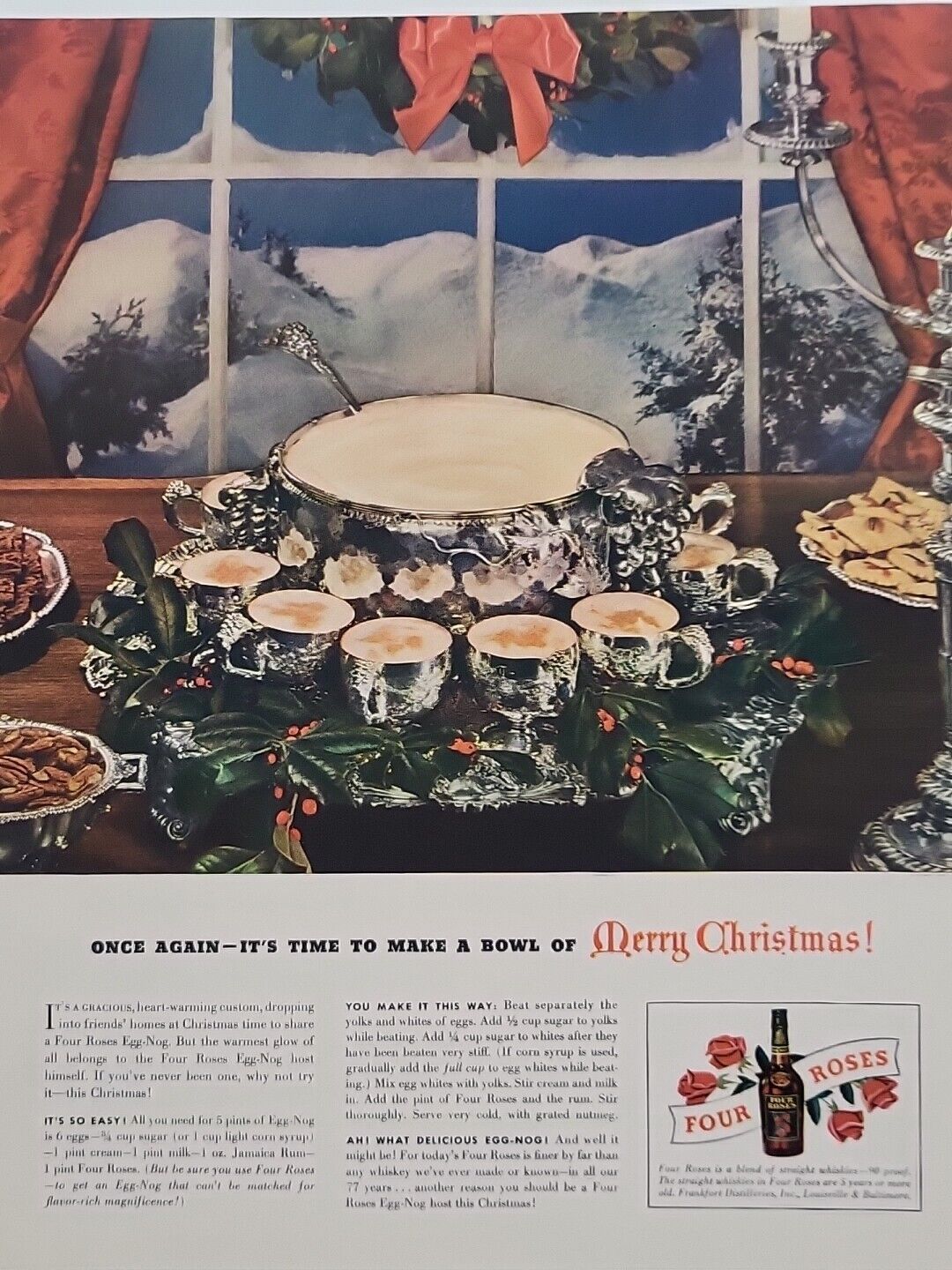1942 Four Roses Whiskey Fortune WW2 X-Mas Print Ad Merry Christmas Wreath Snow