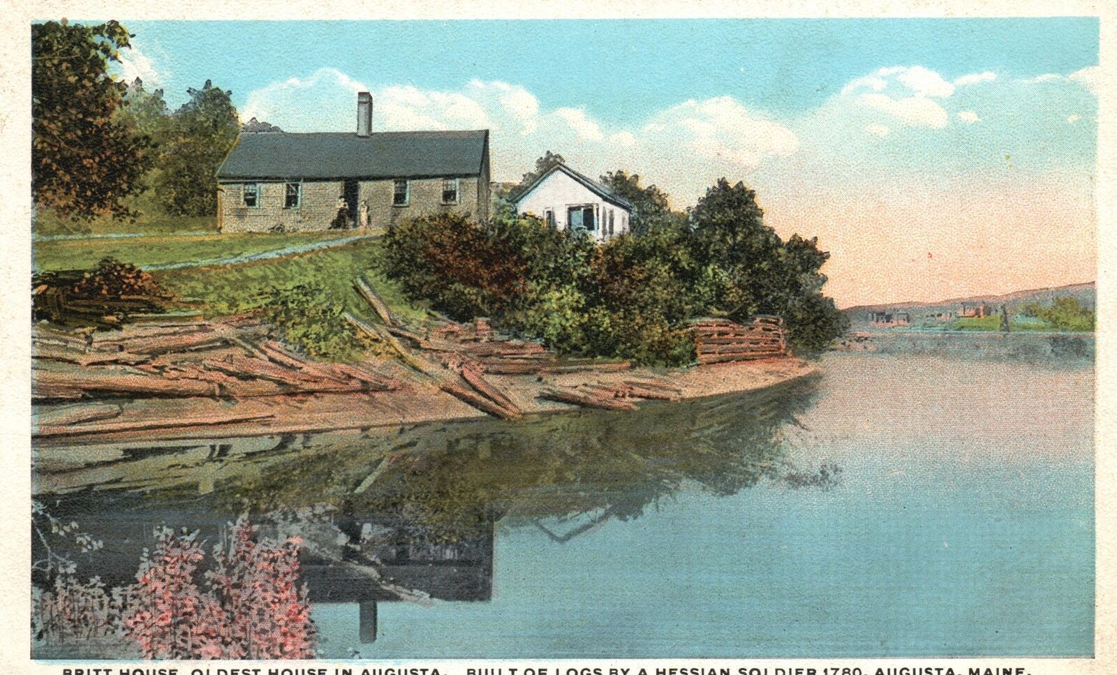 Vintage Postcard Britt House Oldest In Augusta Built Of Logs Augusta Maine ME