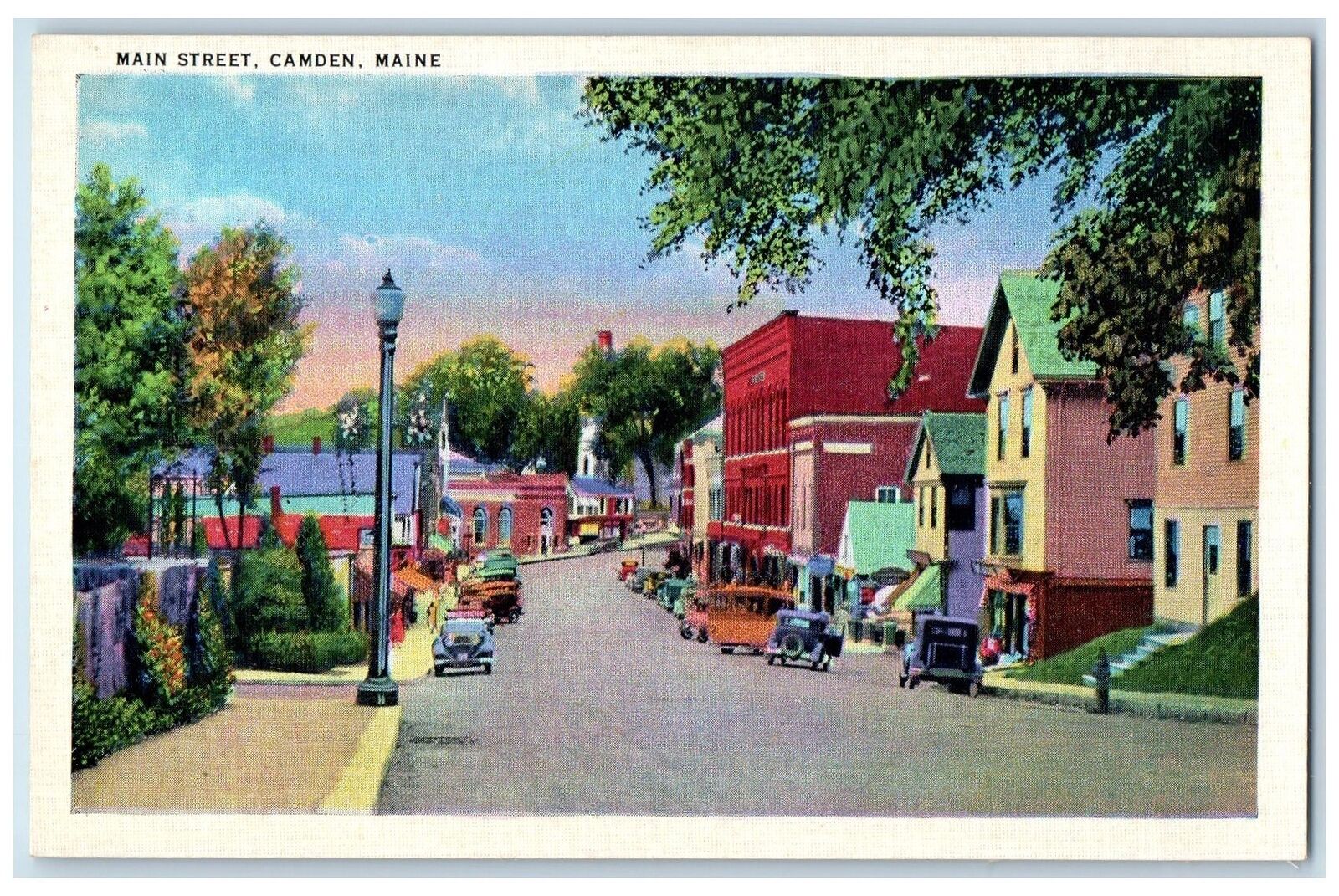 c1950's Main Street Classic Cars Parked Establishments Camden Maine ME Postcard