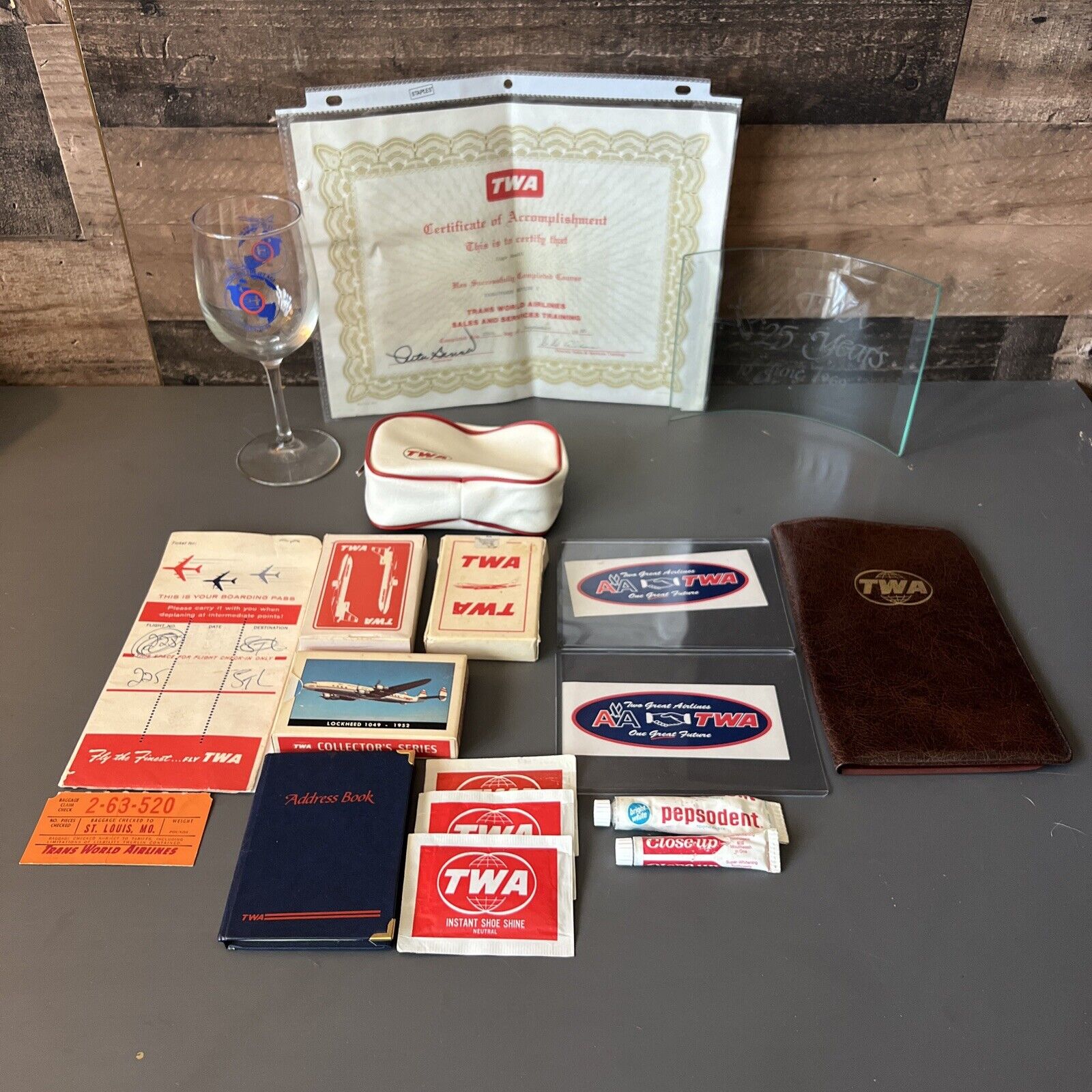 HUGE Vintage TWA Lot - Playing Cards, Boarding Pass, Wine Glass, Toiletry Bag