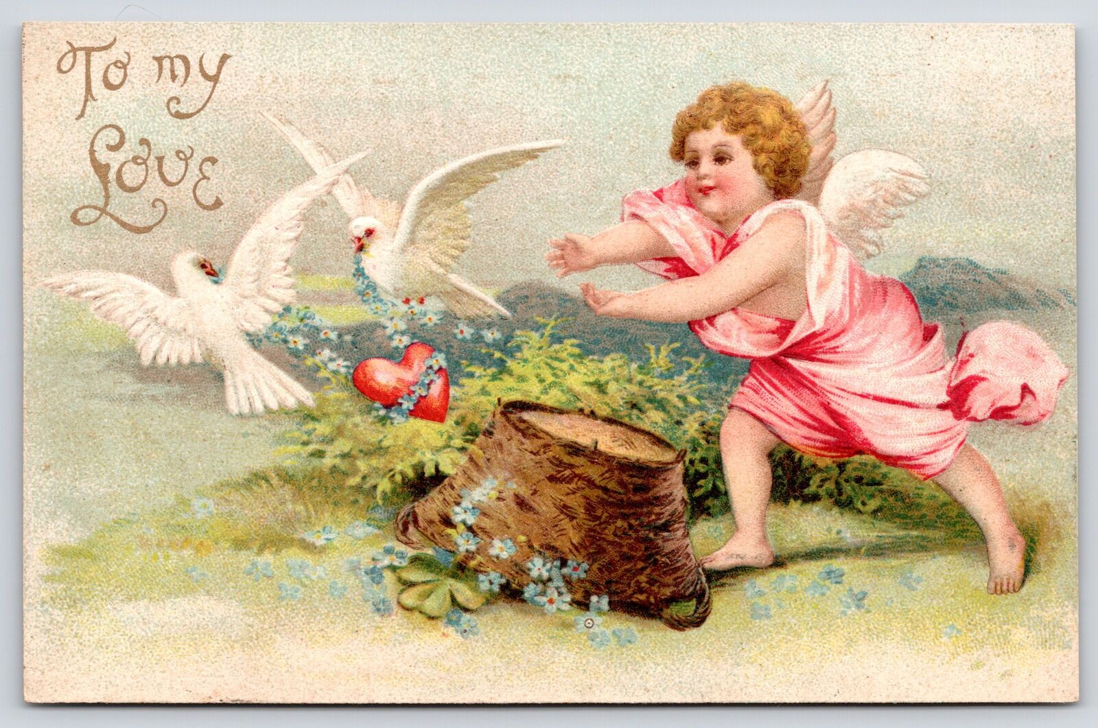 Clapsaddle Valentine~Pink Gossamer Cupid Chases White Doves Past Tree Stump~IAPC