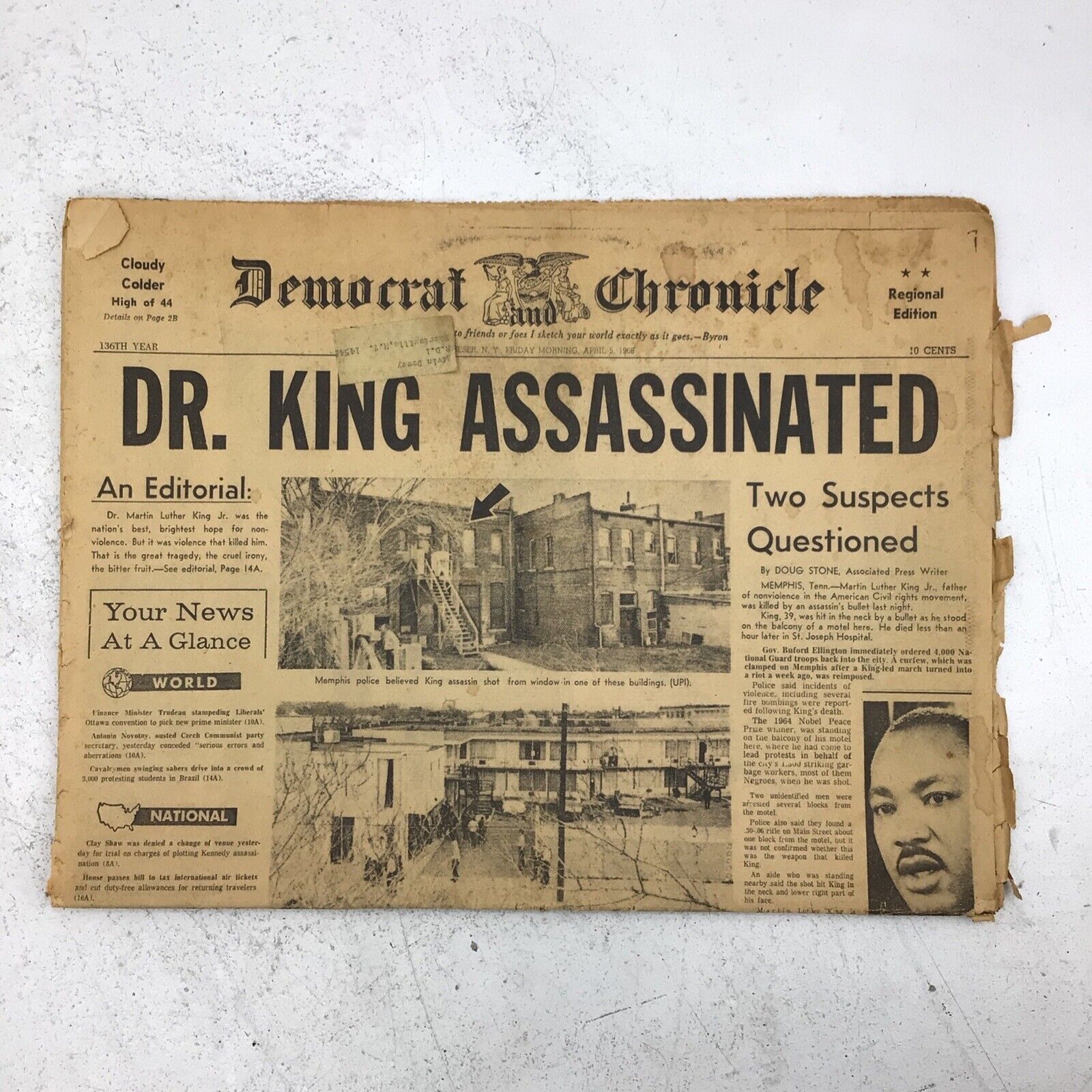 Martin Luther King Assassinated Democrat and Chronicle April 5th 1968 Newspaper