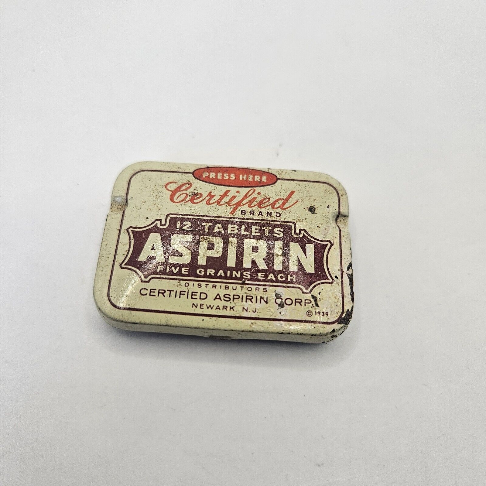 Certified Aspirin Vintage Medicine Pocket Tin 1939 Mini 12 Tablets Empty 