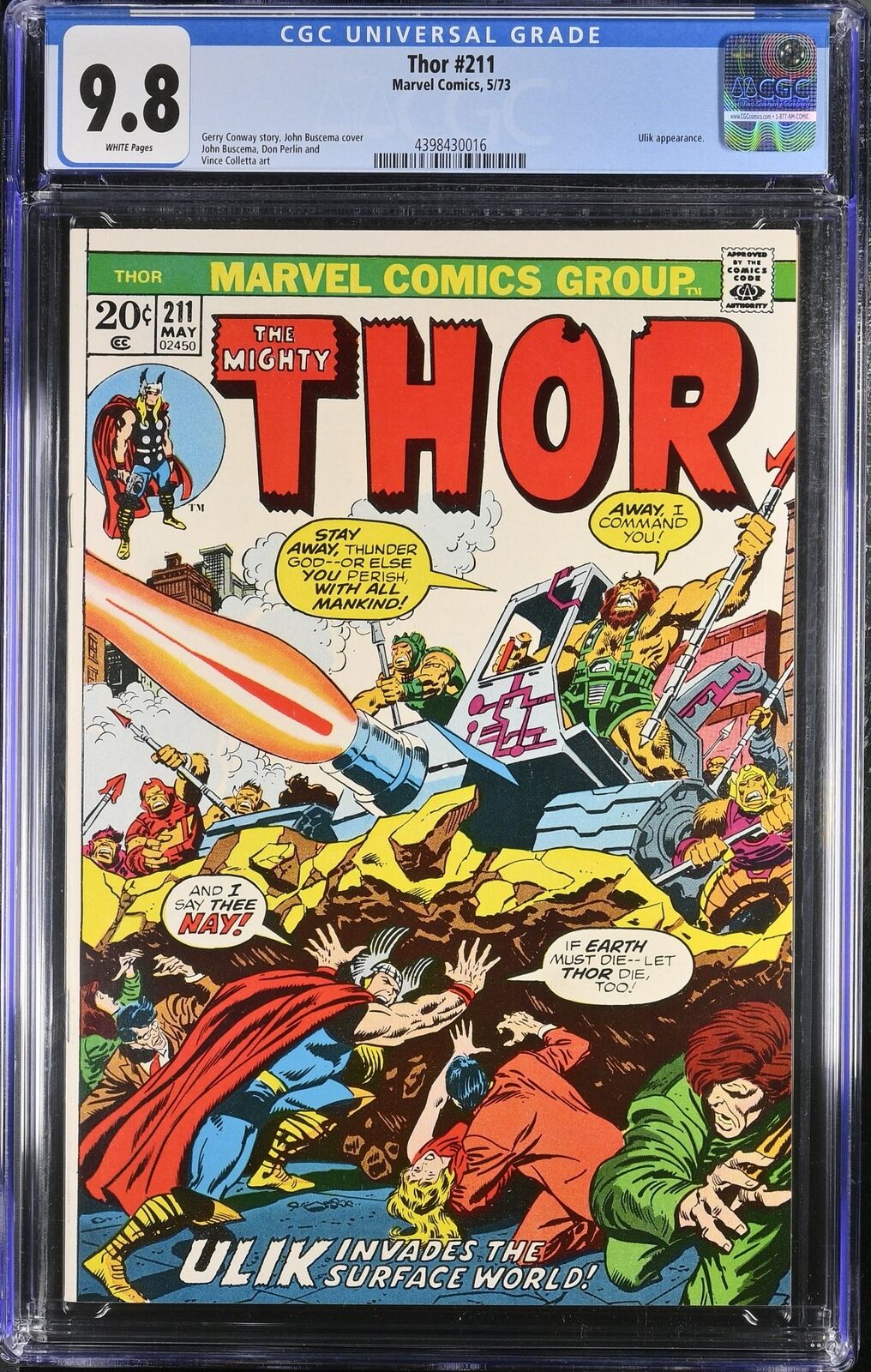 Thor #211 CGC NM/M 9.8 White Pages Ulik Invades John Romita Sr Marvel 1973