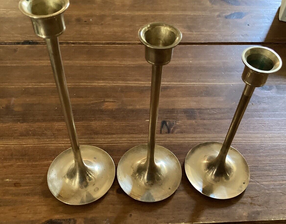 VINTAGE~SET OF 3  ~SOLID BRASS ~ 9” + 8”+ 7” CANDLE HOLDERS - Very Good Conditio