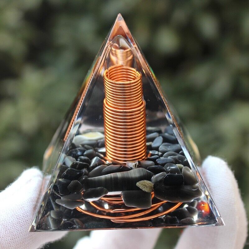 Spiral Copper Orgonite Pyramid Obsidian Orgone Healing Crystal Energy Meditation
