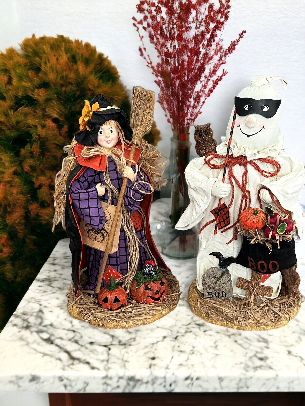 Vintage Halloween Fabric Mache 13” Witch & Ghost Statue Figurines Holiday Decor