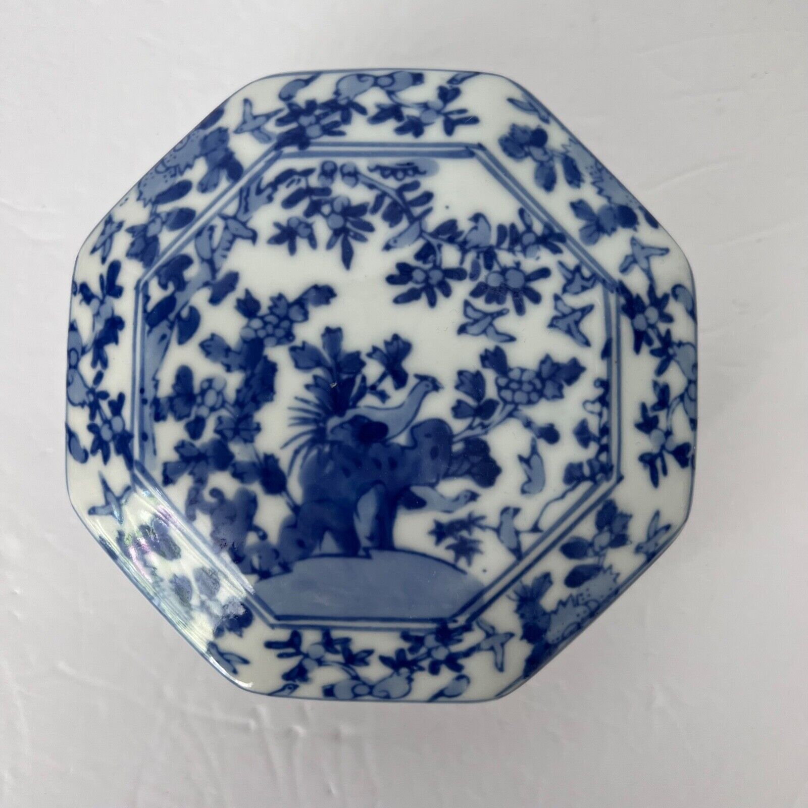 Vintage Blue White Trinket Box Dish With Lid 8 Sided Flat Bird Floral China