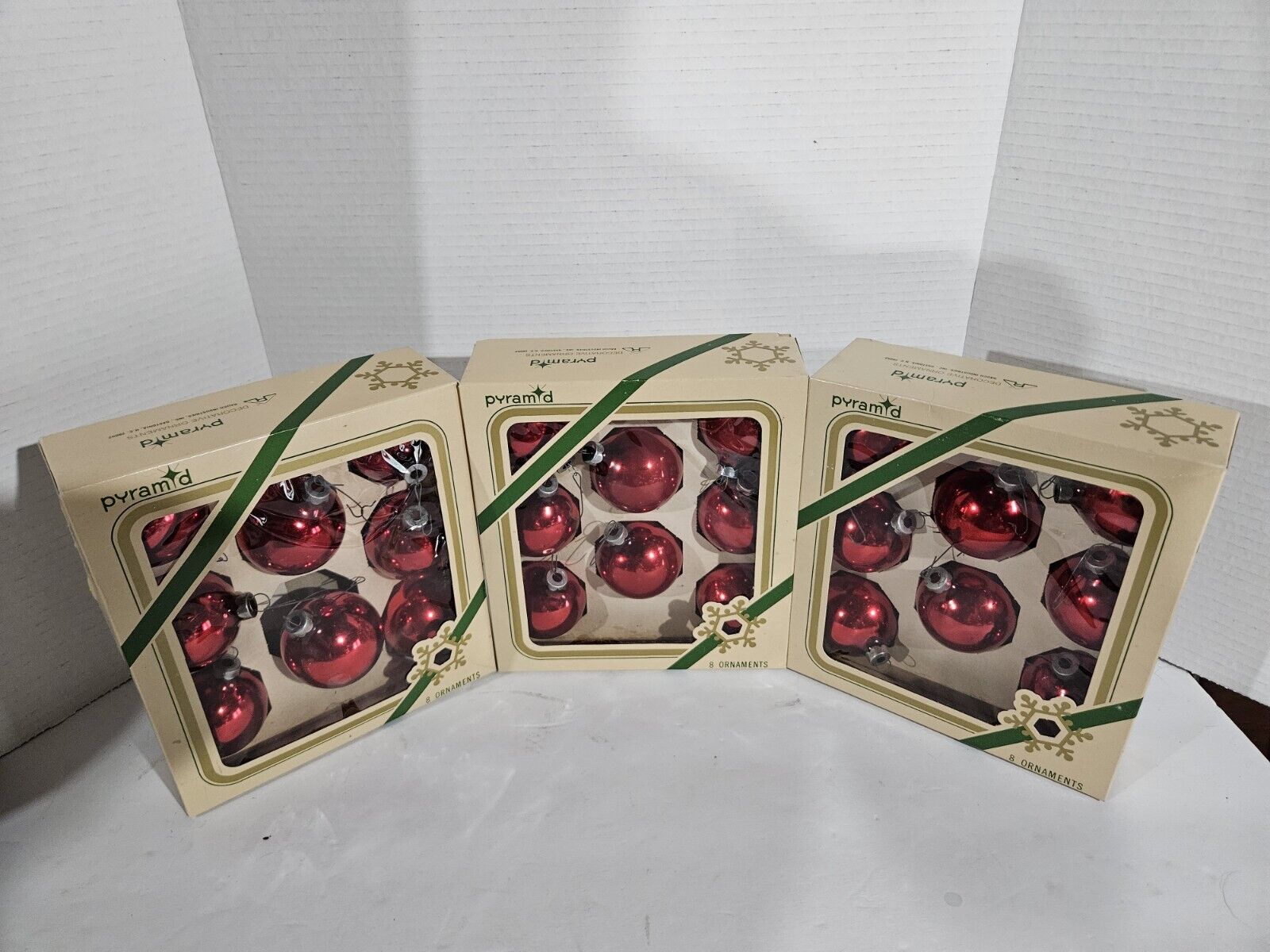 24 Vintage Pyramid Eight Red Glass Balls Christmas Ornaments 2” USA