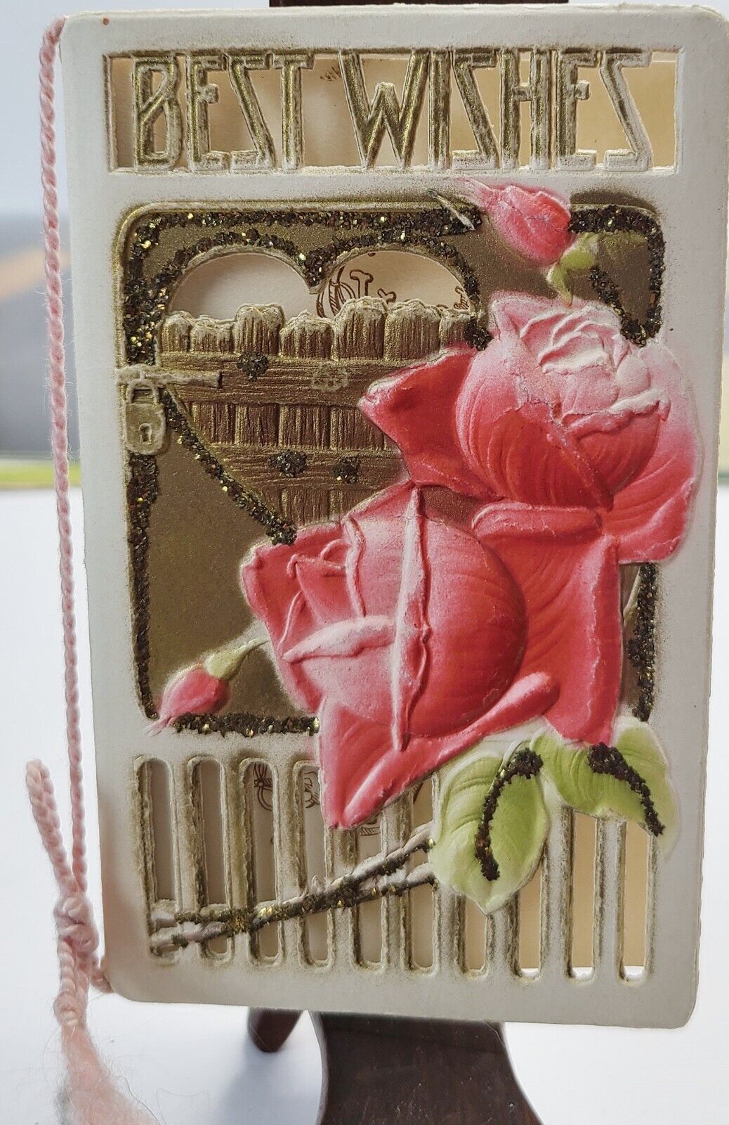 Antique Birthday Greetings Card Die Cut Out Victorian Embossed Tassel Glitter