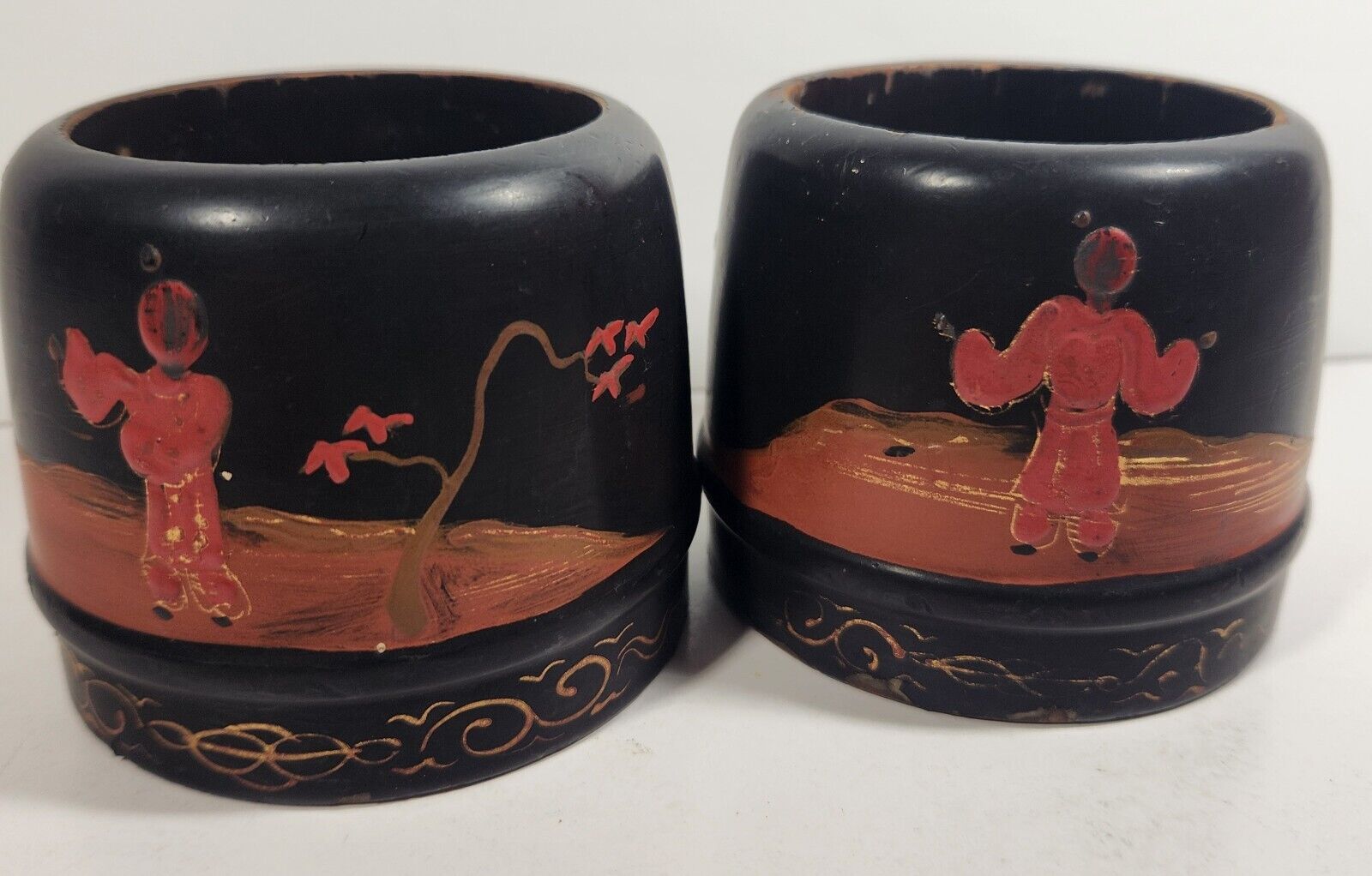Vintage Asian Hand Painted Wooden Cups Set of 2