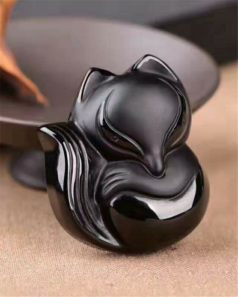 1pc  Natural Black Obsidian Carved Lucky Amulet Pendant Necklace