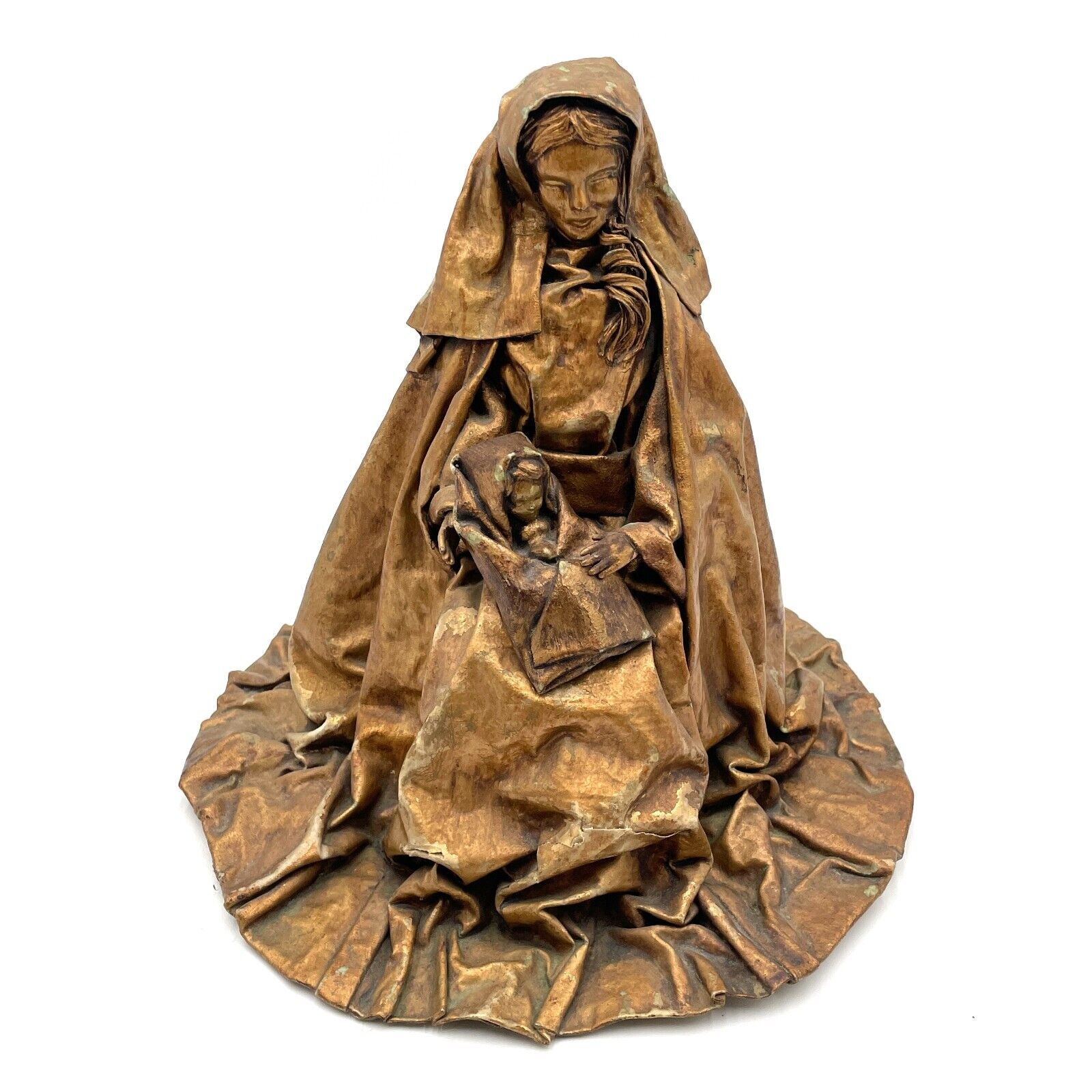 VTG Mid Century Paper Mache Mary, Jesus Madonna & Child Sculpture Gold Patina