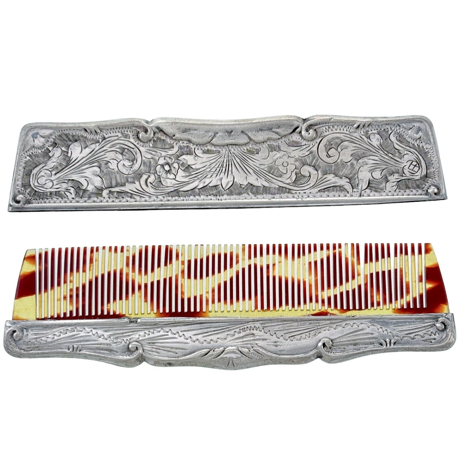 25.5 Gram Vintage/Antique Hair Comb In Silver 800 Floral Repousse Scrolled Case