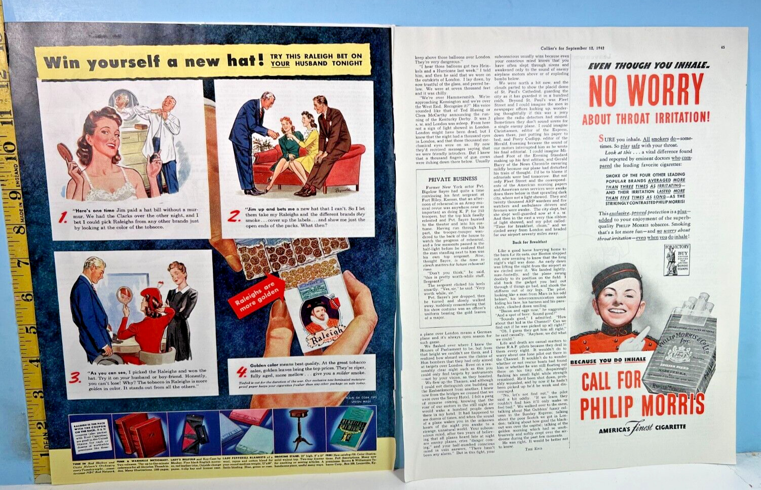 1942 Print Advertisements: Raleigh & Phillip Morris Cigarettes Colliers