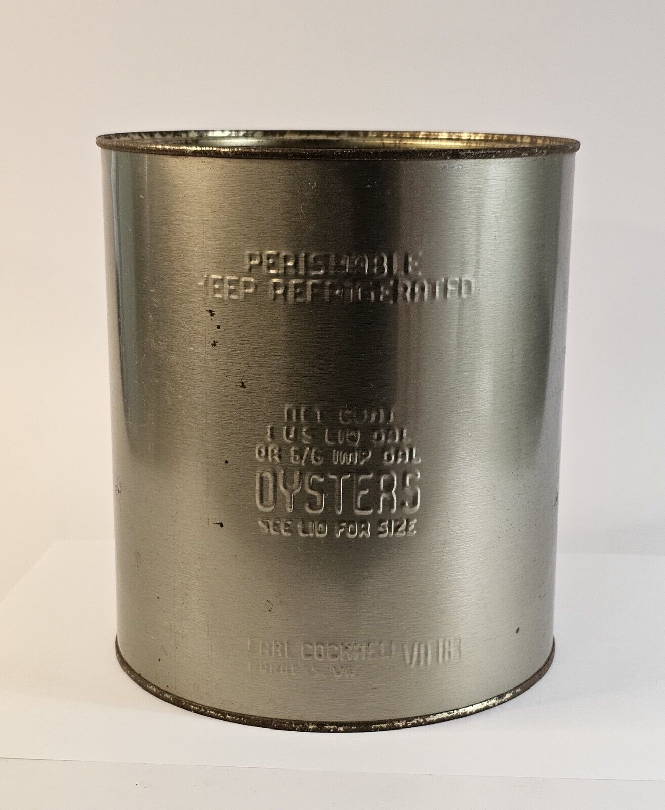 Earl Cockrell  Gallon Oyster Tin Can  Burgess VA Northern Neck Northumberland Co
