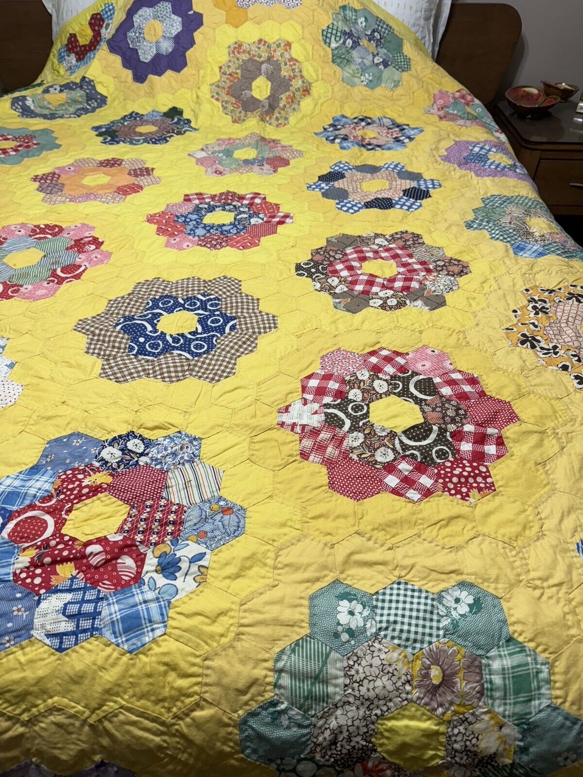 Vintage 1935 Handmade Hand sewn Granny's Garden Quilt 88 X 88 Hexagon Quilt FS