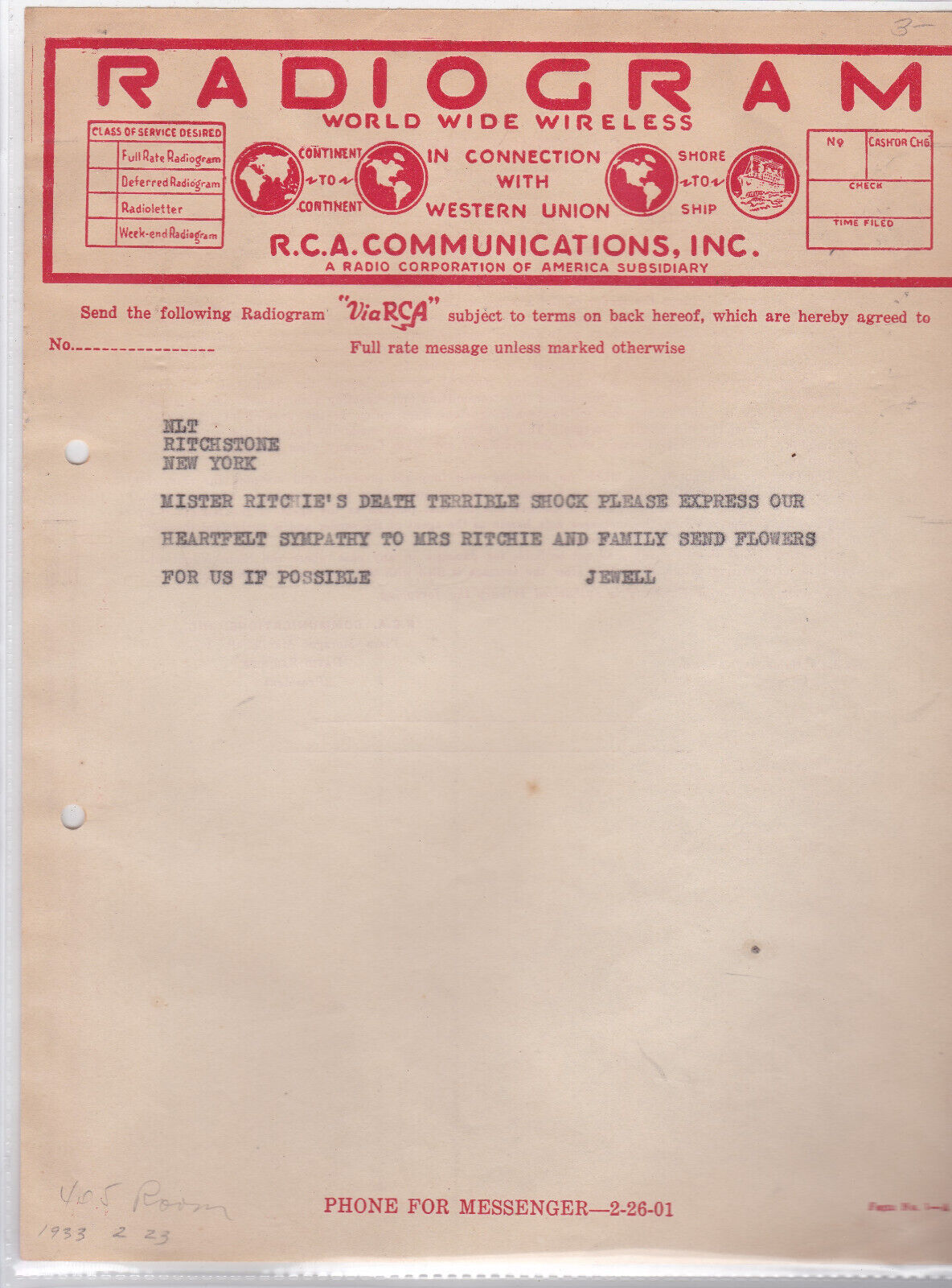 RADIOGRAM- WORLD WIDE WIRELESS: RCA COMMUNICATIONS, INC. Circa 1933